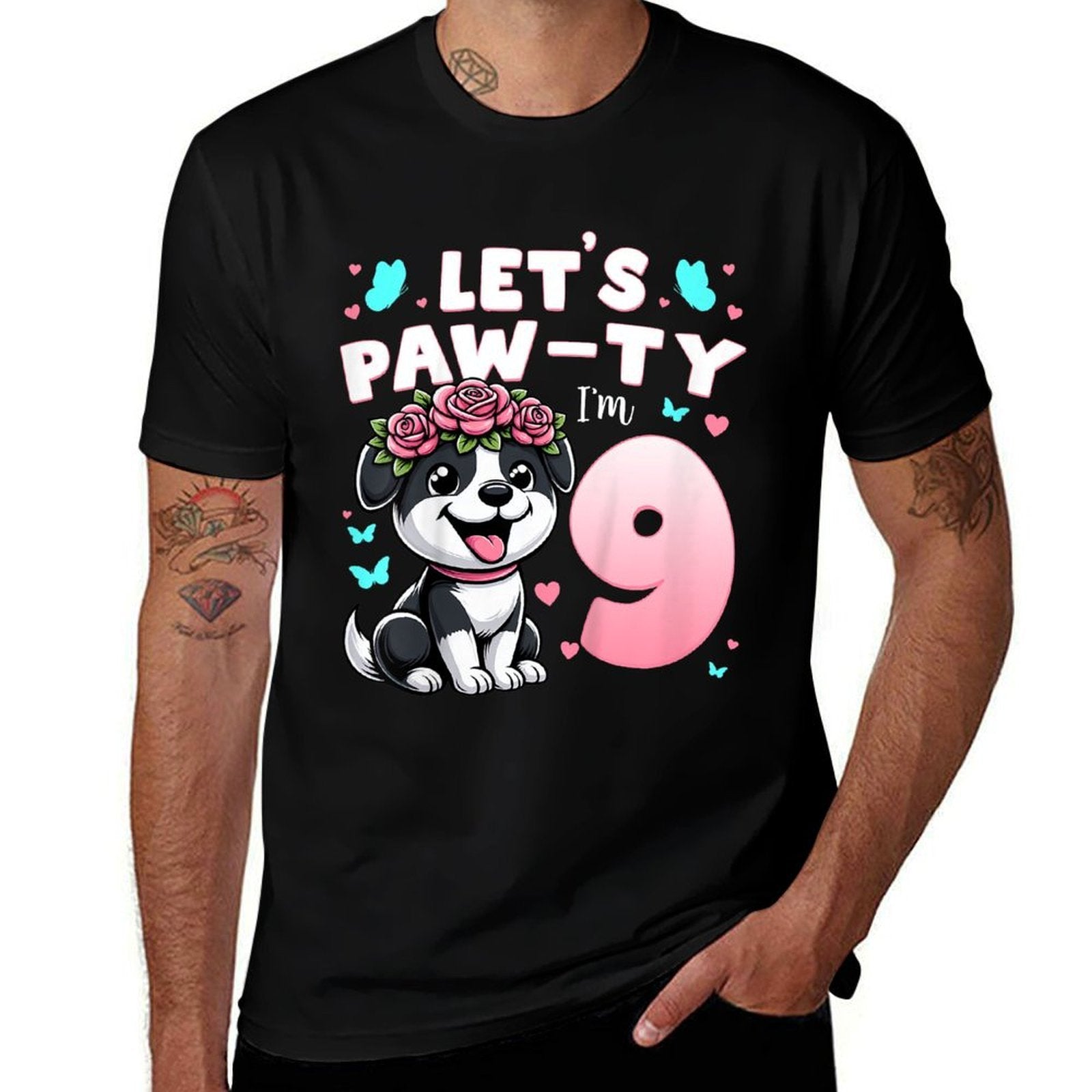 Kids Let's Paw-ty 9th Birthday Girl Dog Puppy Lover 9 Years Old  Classic T-Shirt