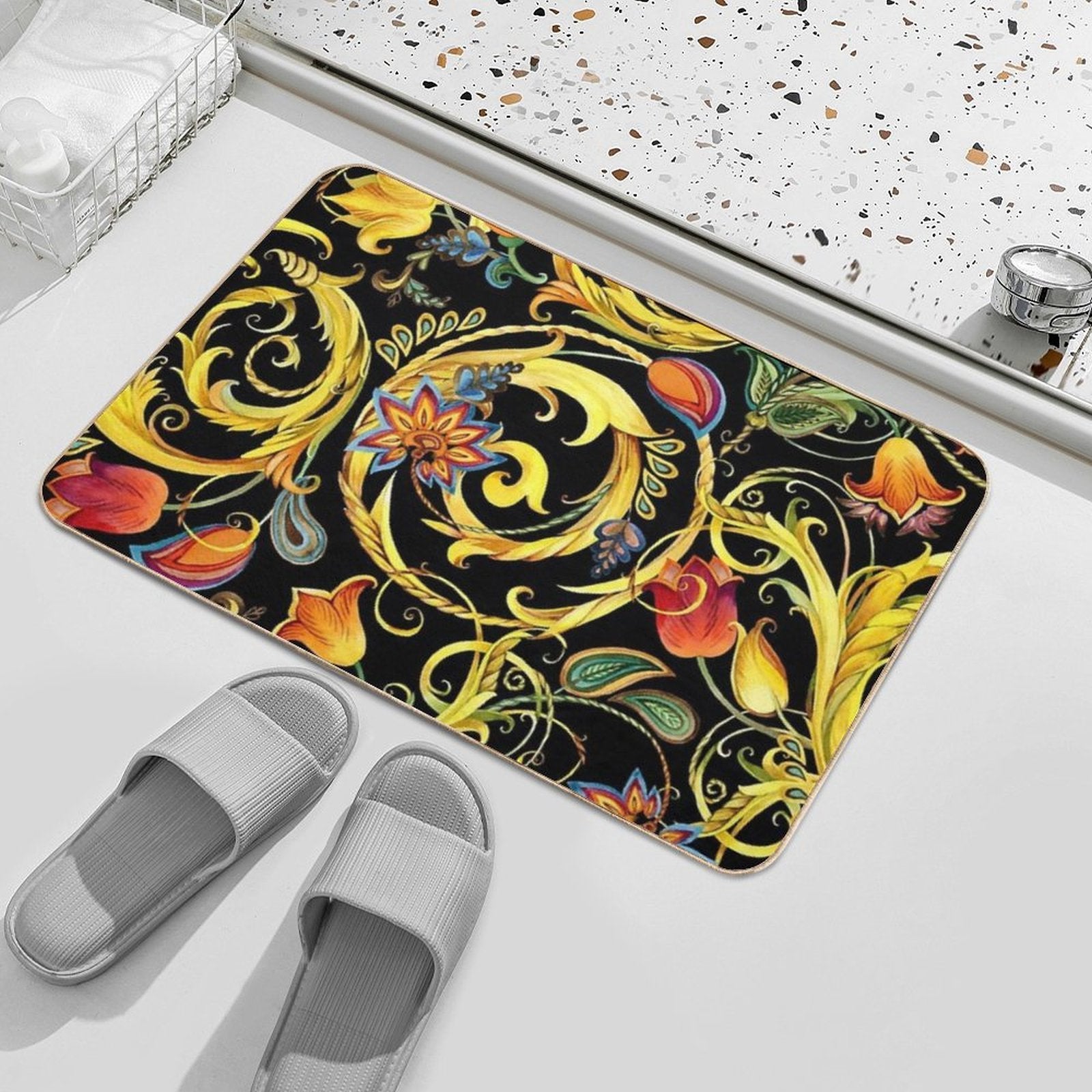 Vintage Golden Chains, Gold Flower,  High-Traffic Bath Mat
