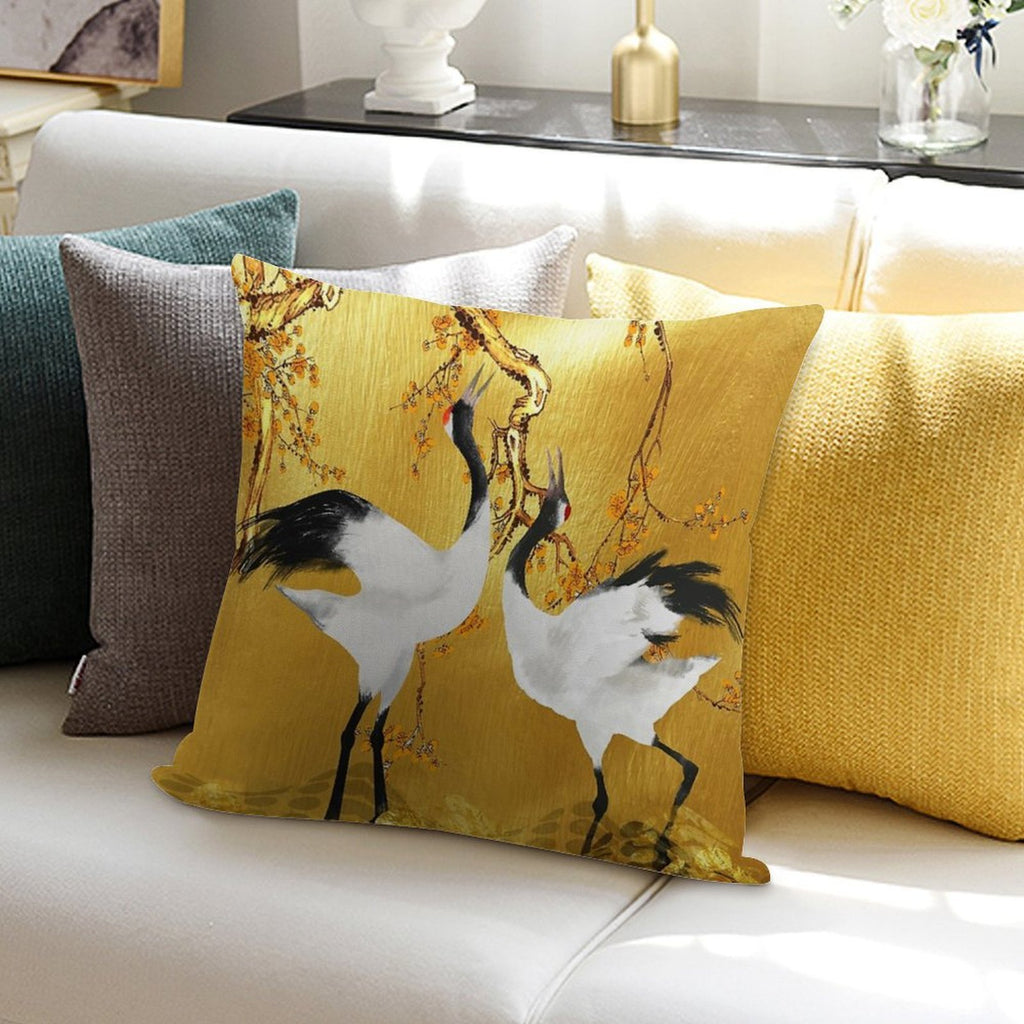 Golden Cranes Japanese Art Soft Fade-Resistant Throw Pillow
