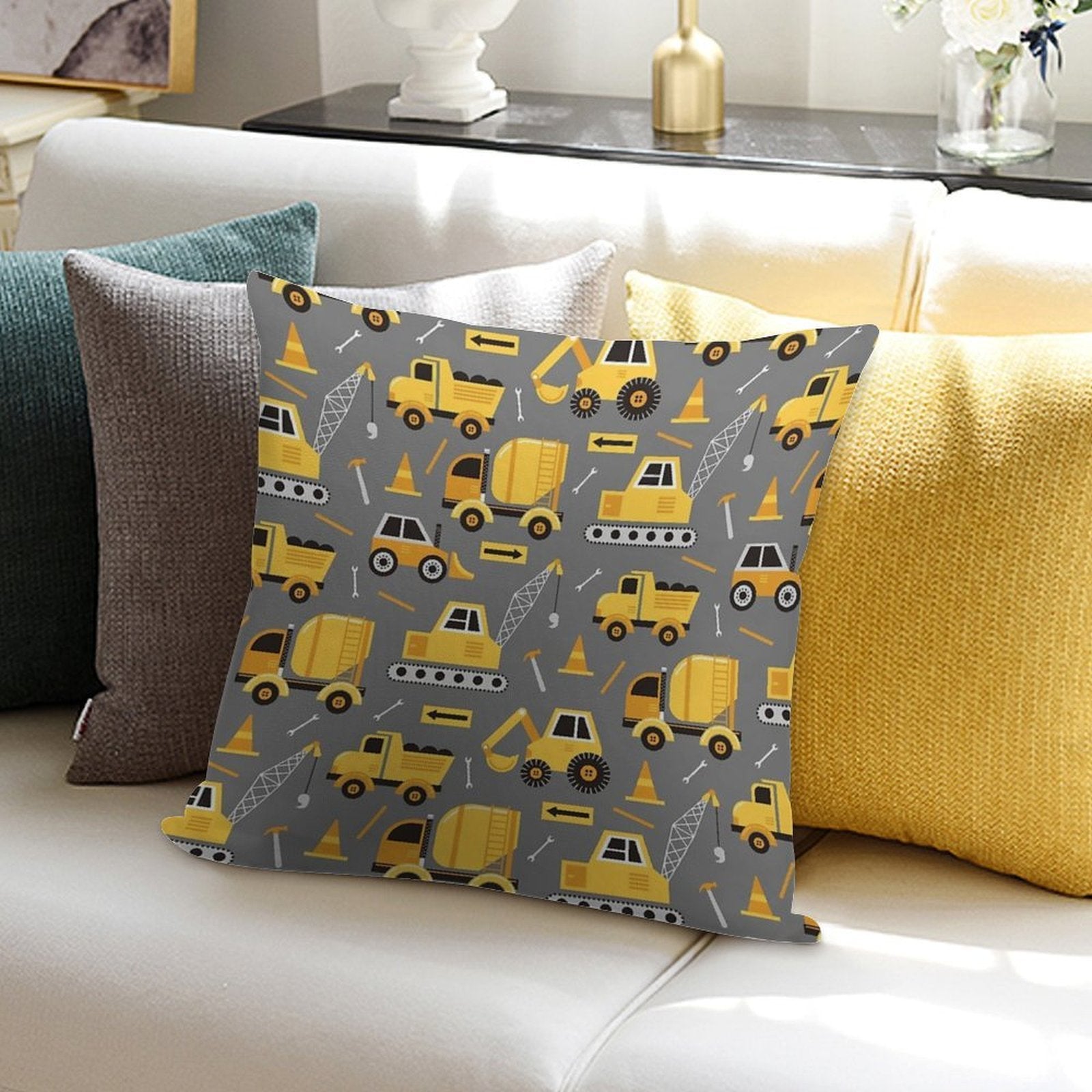 Construction Trucks on Gray Soft Skin-Friendly Throw Pillow