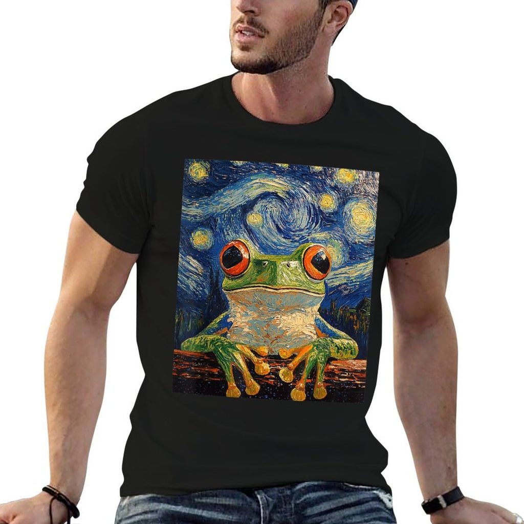Funny Frog Graphic - Van Gogh Style - Starry Night  Rolled Sleeves T-Shirt
