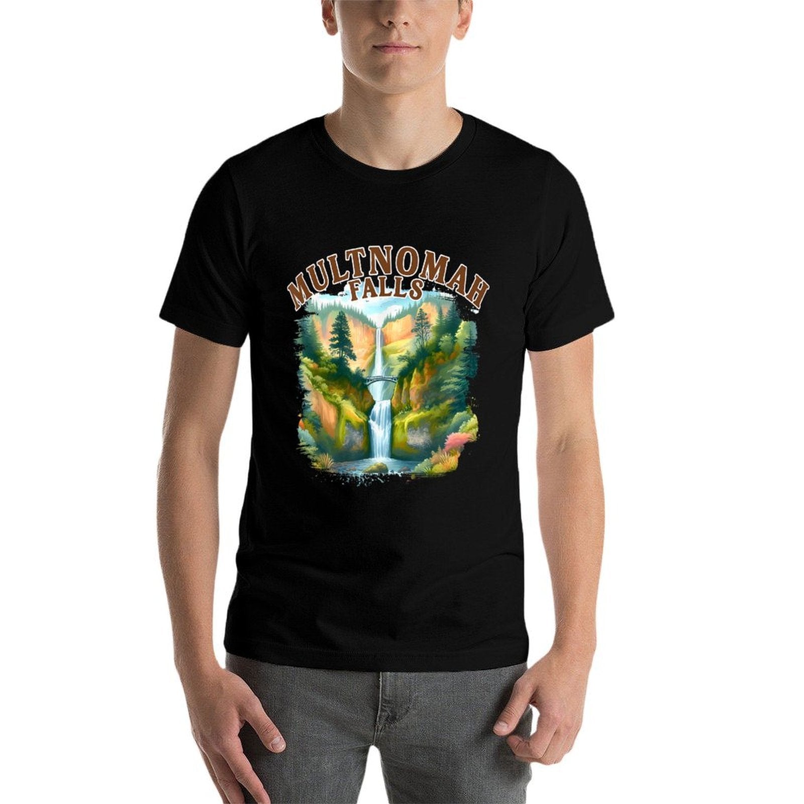 Multnomah Falls Waterfall Oregon Nature Exploring Travel  Rolled Sleeves T-Shirt