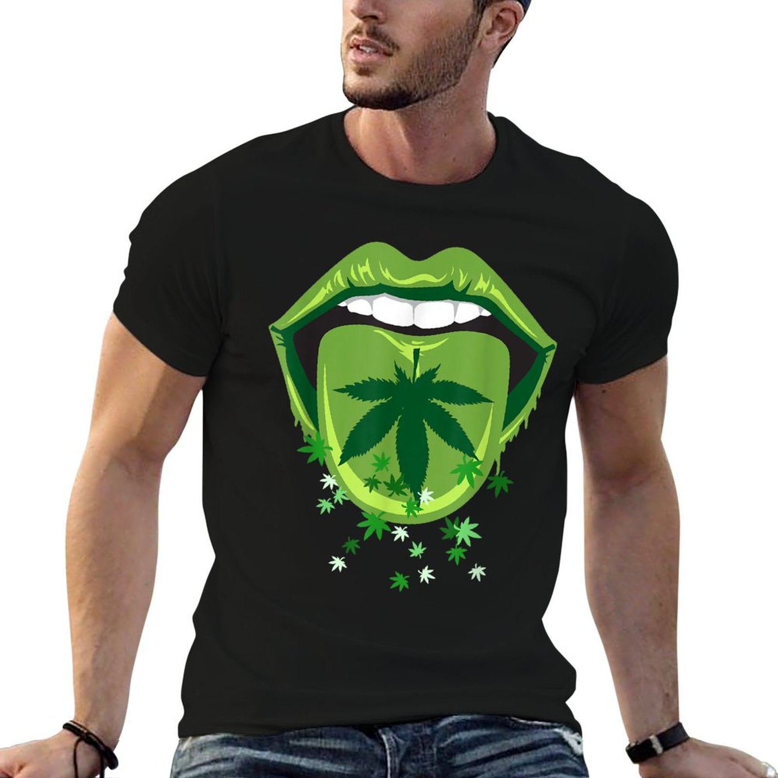 Marijuana Smoker Pot Leaf Tongue Green Lips Love Weed  Polyester Blend T-Shirt