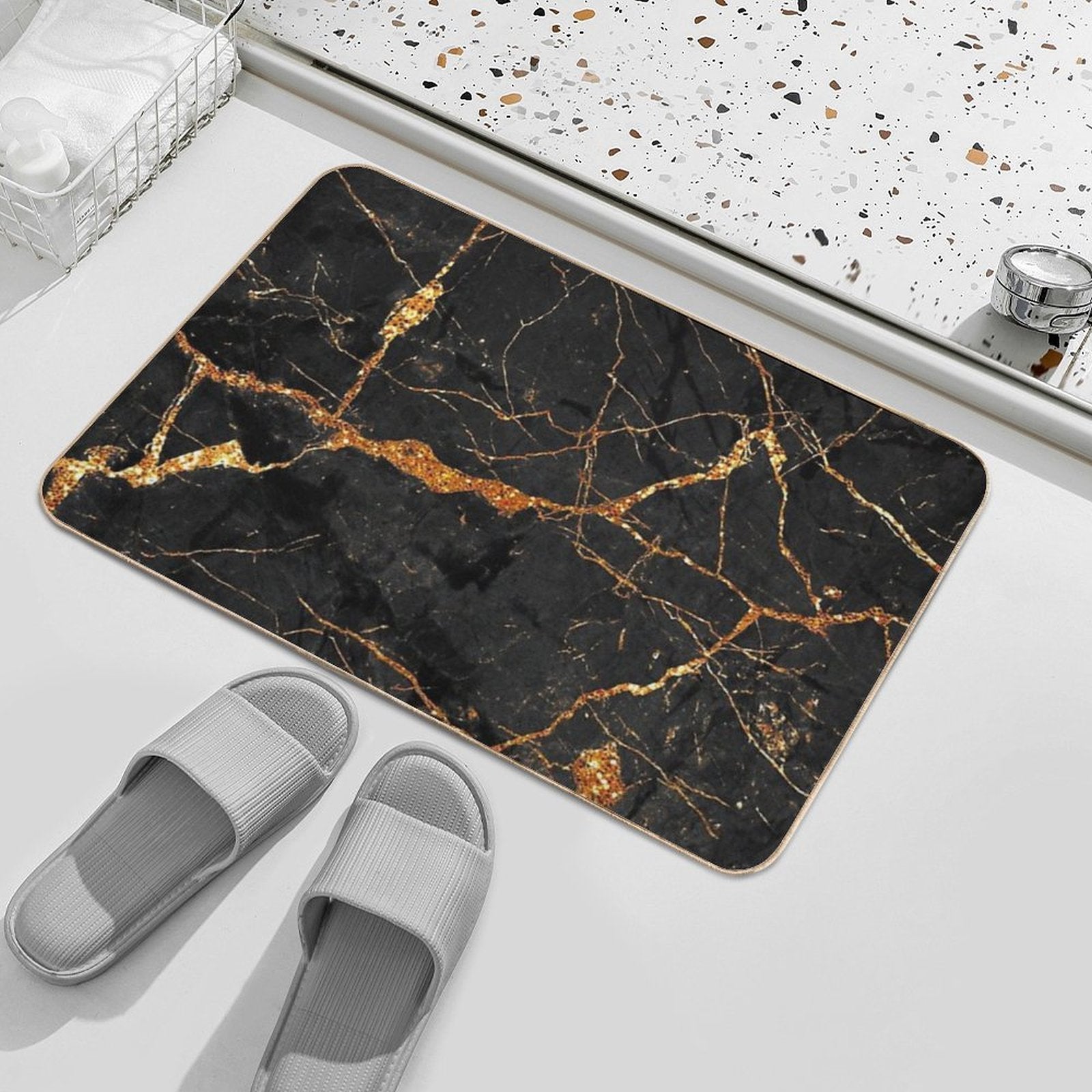 Faux Black Marble with Gold Glitter Veins  Non-Slip Bath Mat