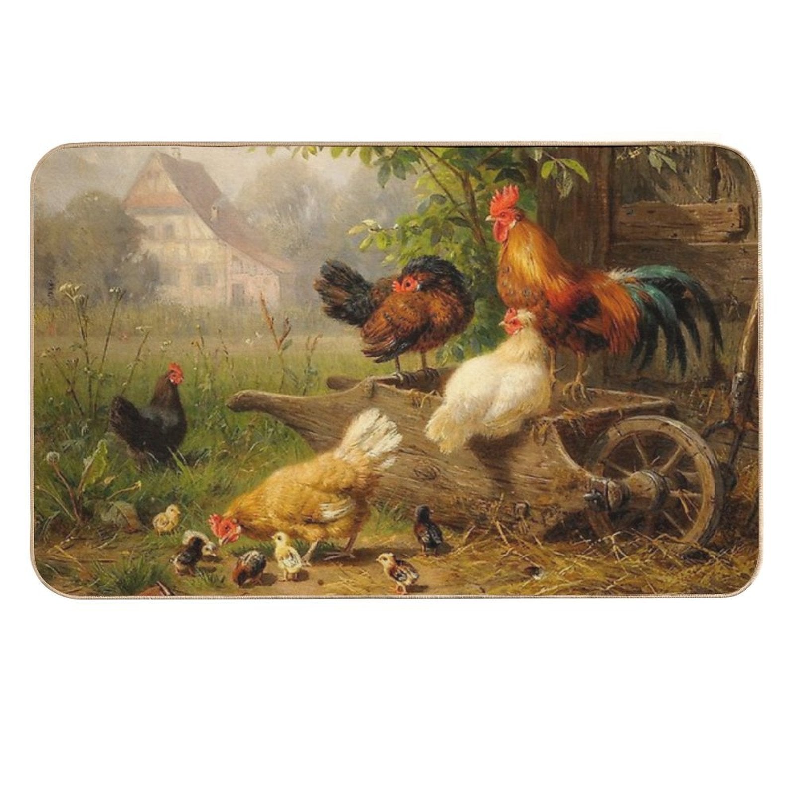 A Watchful Eye ,Rooster,Hens And Chickens With Wheelbarrow in Countryside  Pet-Safe Bath Mat