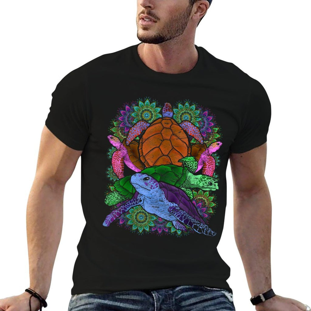 Colorful Mandala Maori Tribal Sea Animal Hawaiian Turtle  Fade-proof Color T-Shirt