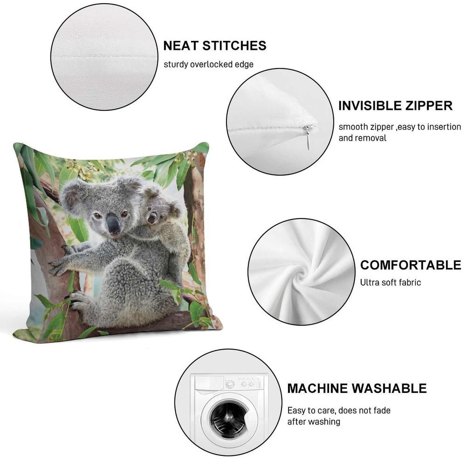 Koala Cuddles Soft Hidden Zipper Throw Pillow