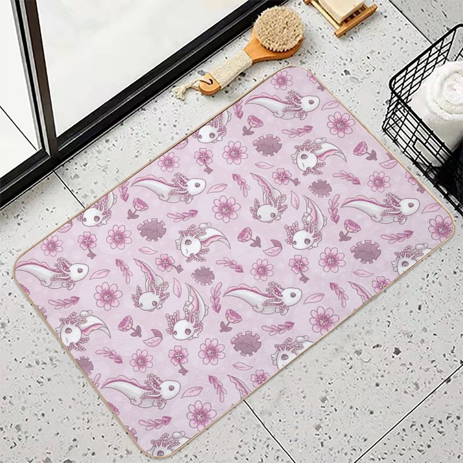 Floral Speckled Axolotl Pattern - Summer Edition  Rapid-Drying Bath Mat