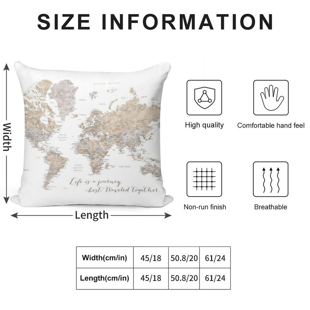 Life Is A Jouney Best Travelled Together, World Map, Abey Soft Easy Maintenance Throw Pillow