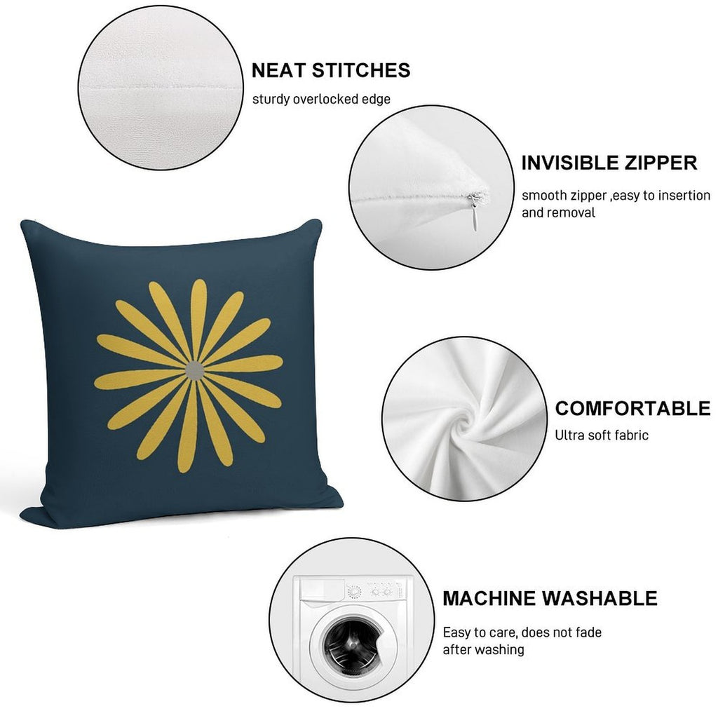 Big Daisy in Light Mustard Yellow And Grey on Navy Blue Minimalist Retro Modern Floral Soft Home Decor Throw Pillow