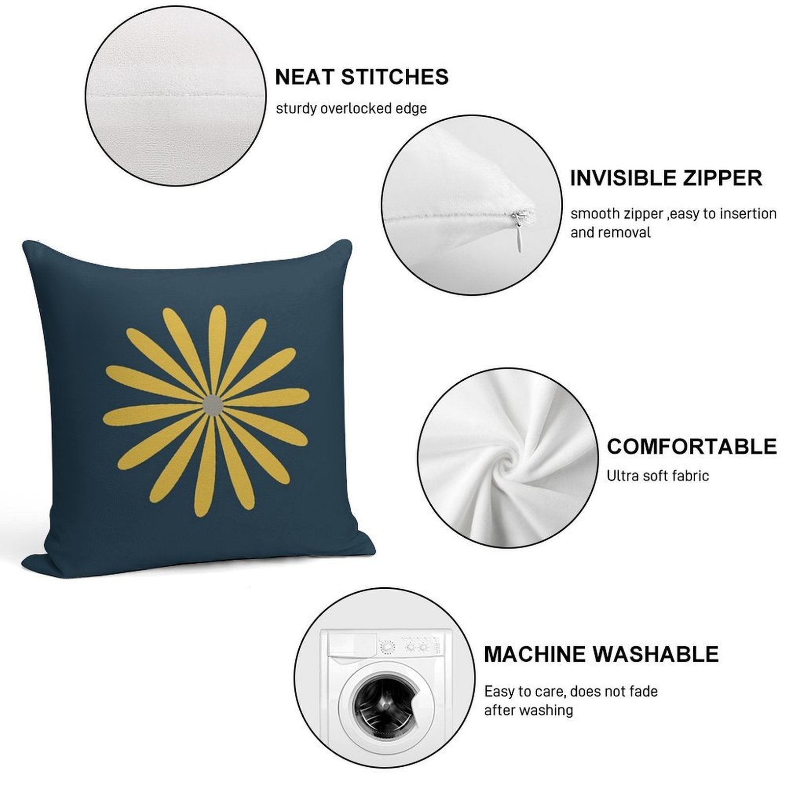 Big Daisy in Light Mustard Yellow And Grey on Navy Blue Minimalist Retro Modern Floral Soft Home Decor Throw Pillow