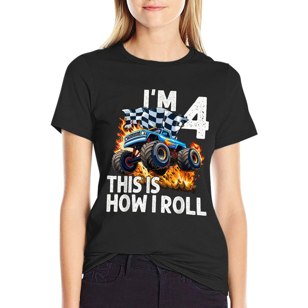 4th Birthday Boys I'm 4 This Is How I Roll Monster Truck Car  Heathered Texture T-Shirt