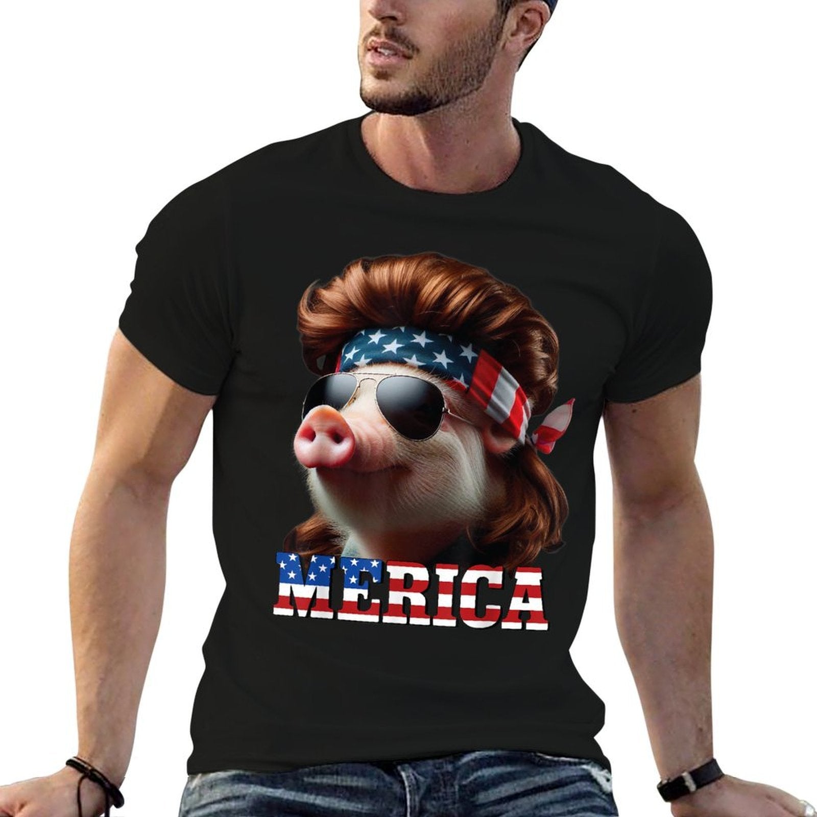 Pig Merica Mullet 4th of July And Fathers Day Man Funny  Fade-proof Color T-Shirt