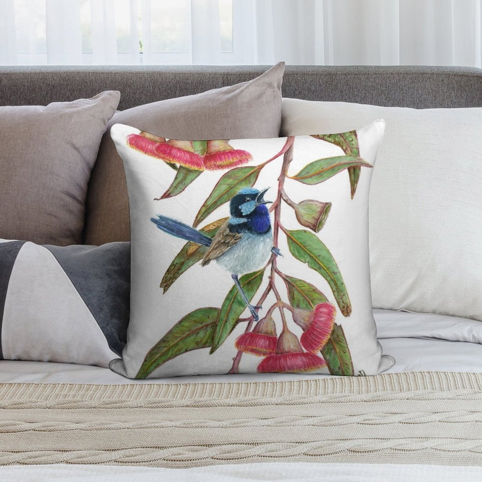 Splendid Fairywren in Silver Princess Soft Short Plush Fabric Throw Pillow