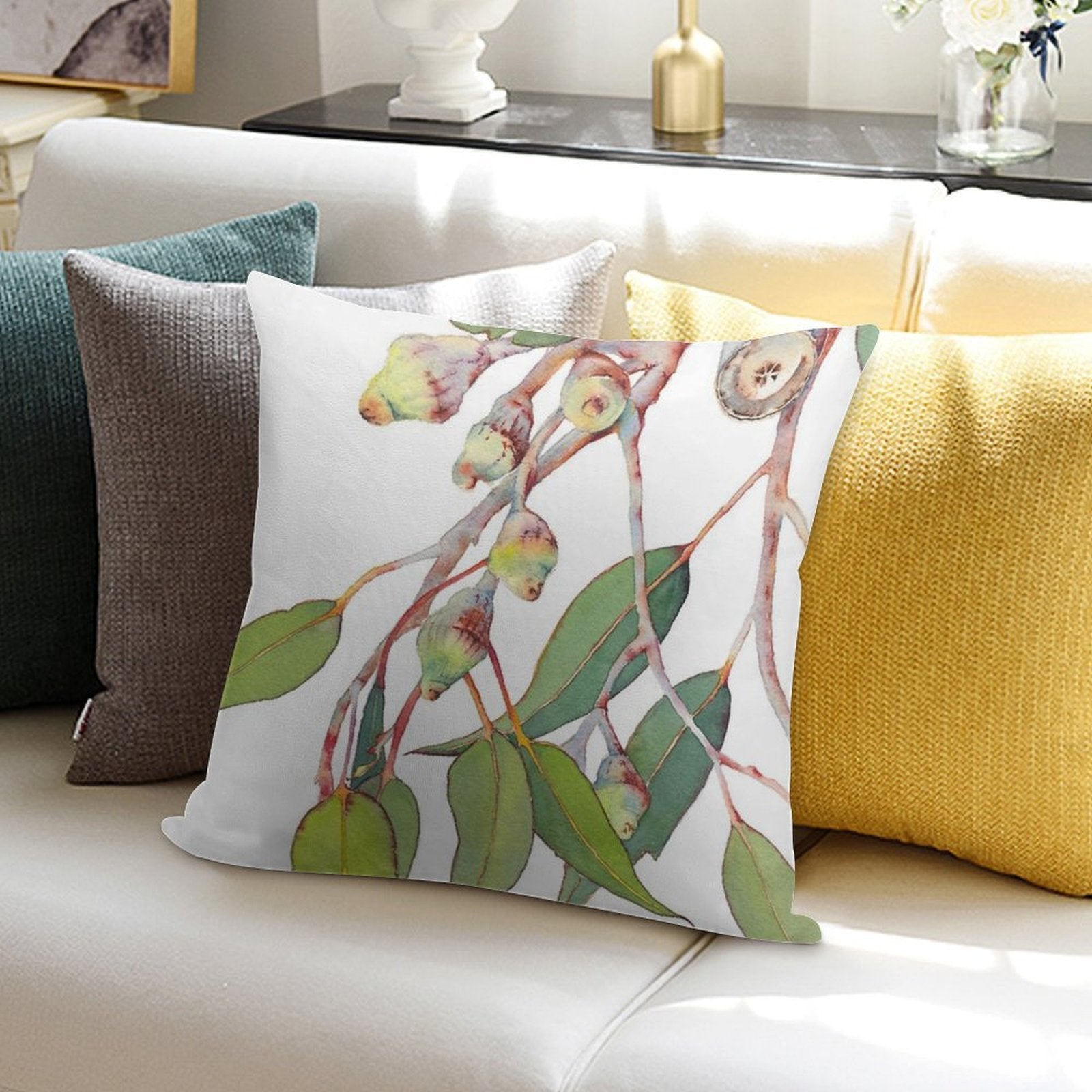 Australian Native Eucalyptus Tree Branch Watercolour Soft Hidden Zipper Throw Pillow