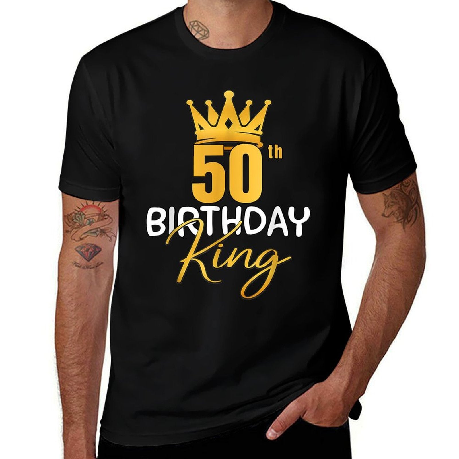 50th Birthday King Gold Crown For Boys And Men  Ribbed Collar T-Shirt