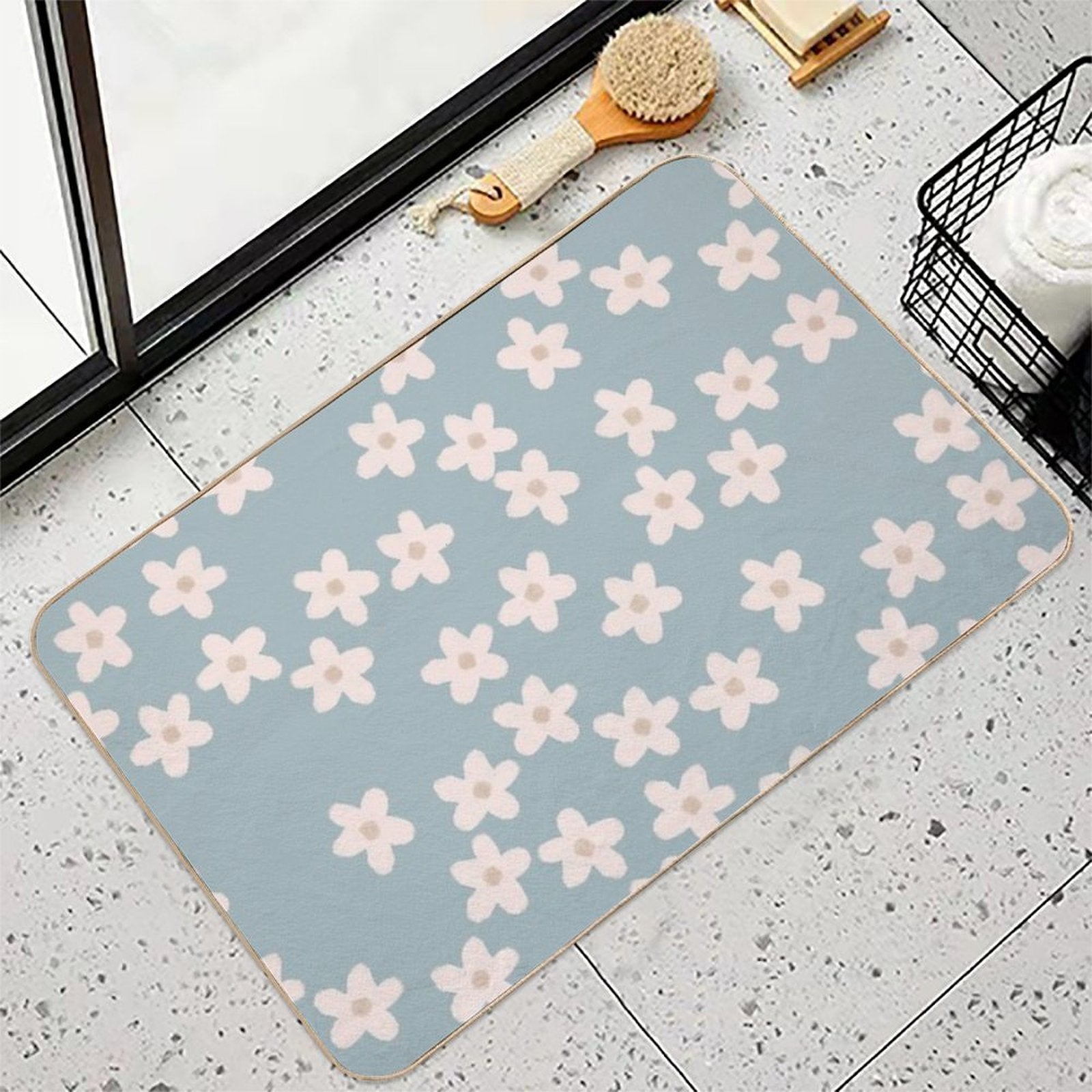 Spring Floral Daisy Print in Pastel Blue  Pet-Safe Bath Mat