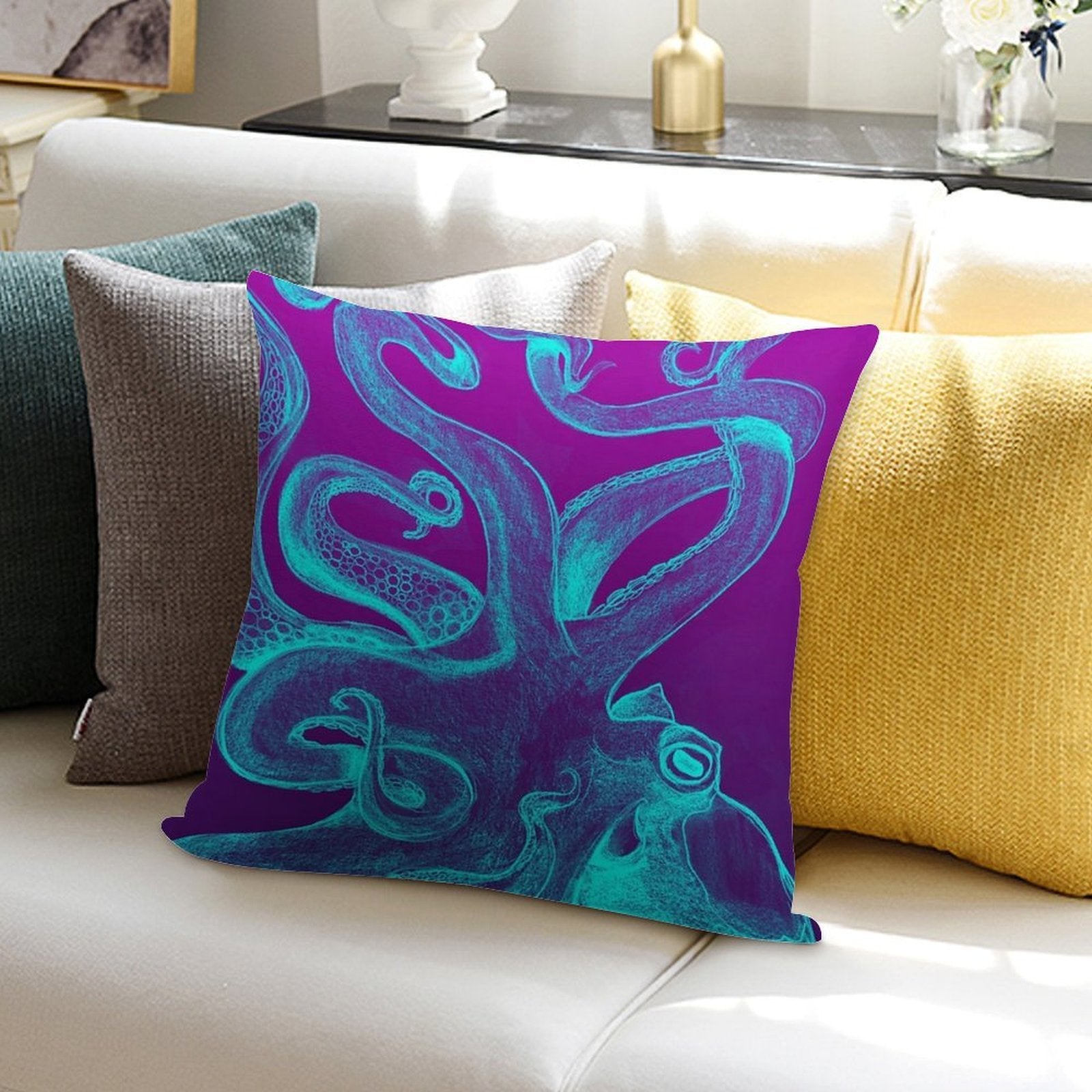 Blue & Purple Octopus Soft Decorative Cover Throw Pillow