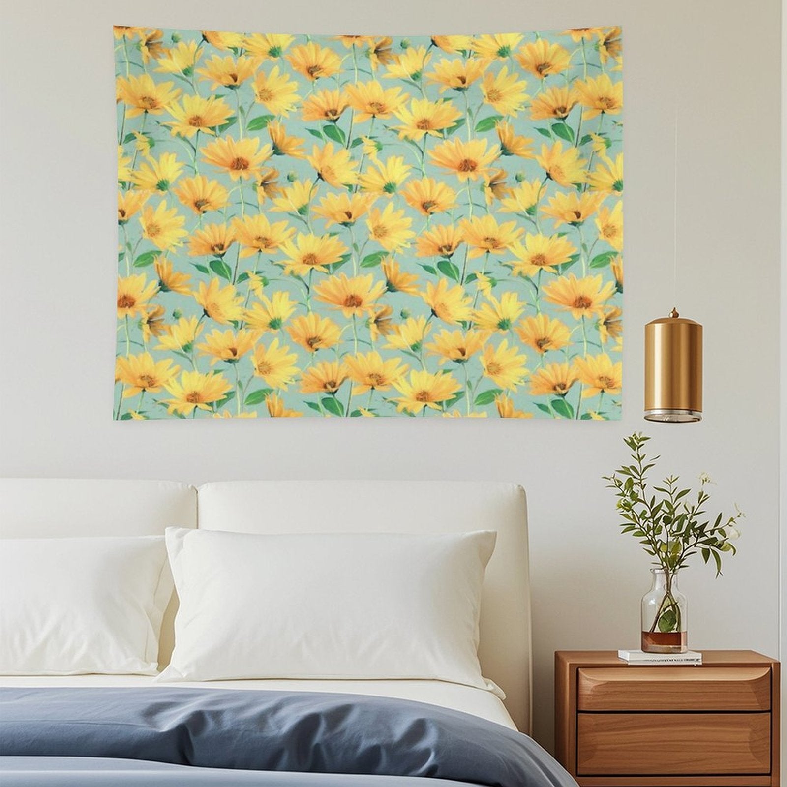 Painted Golden Yellow Daisies on Soft Sage Green Tapestry