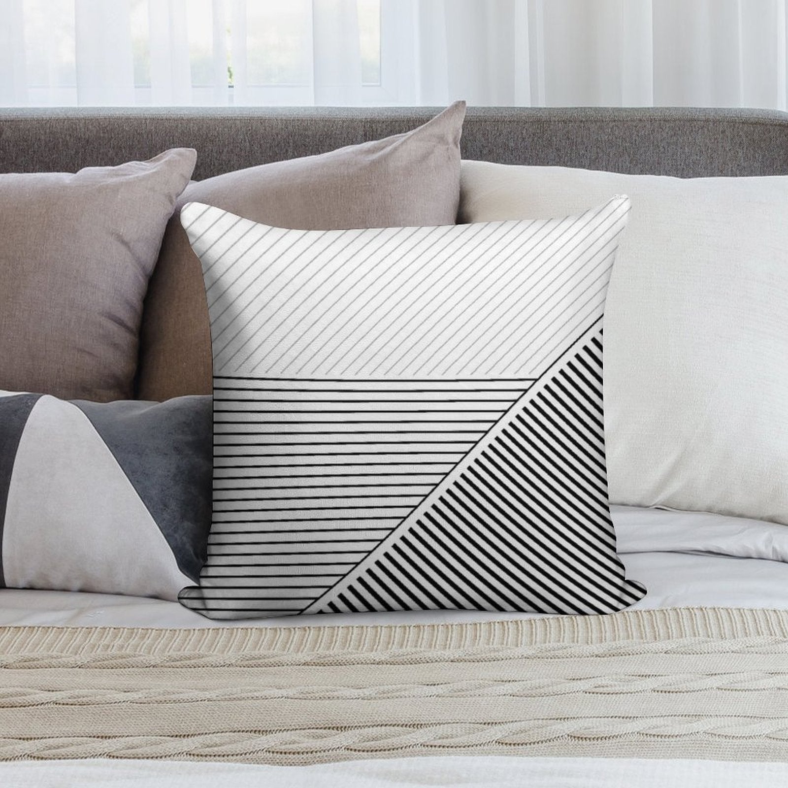 Black And White Geometric Lines Soft Hidden Zipper Throw Pillow