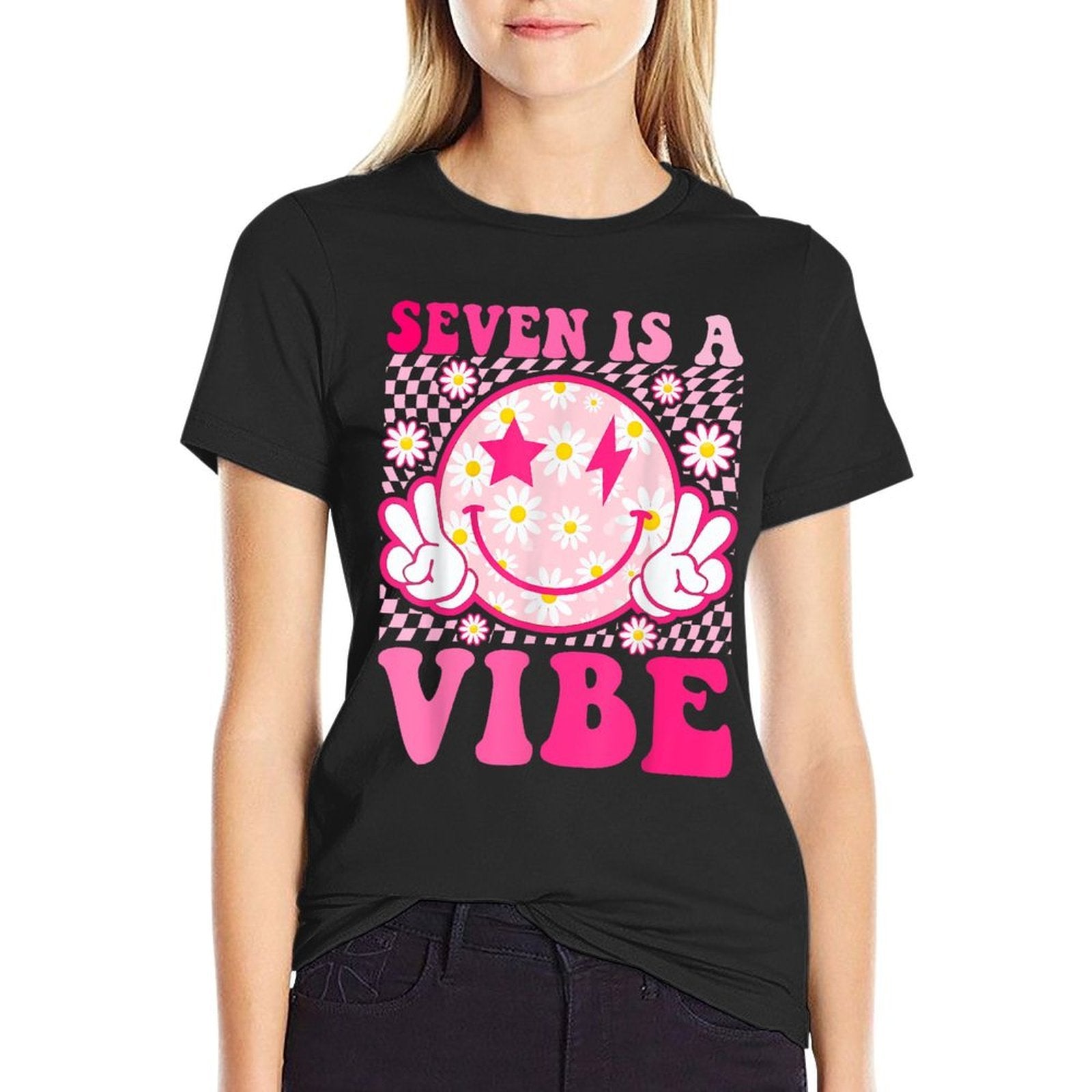 Seven Is A Vibe 7th Birthday Groovy 7 Years Old Smile Face  Summer-ready Fabric T-Shirt