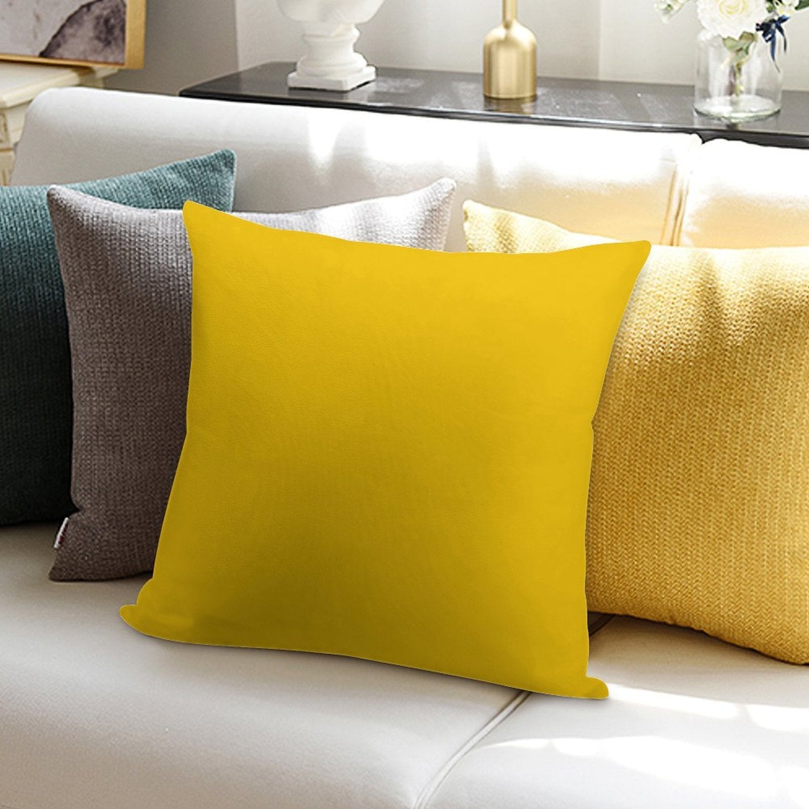 Solid Plain Mid Yellow Soft Short Plush Fabric Throw Pillow