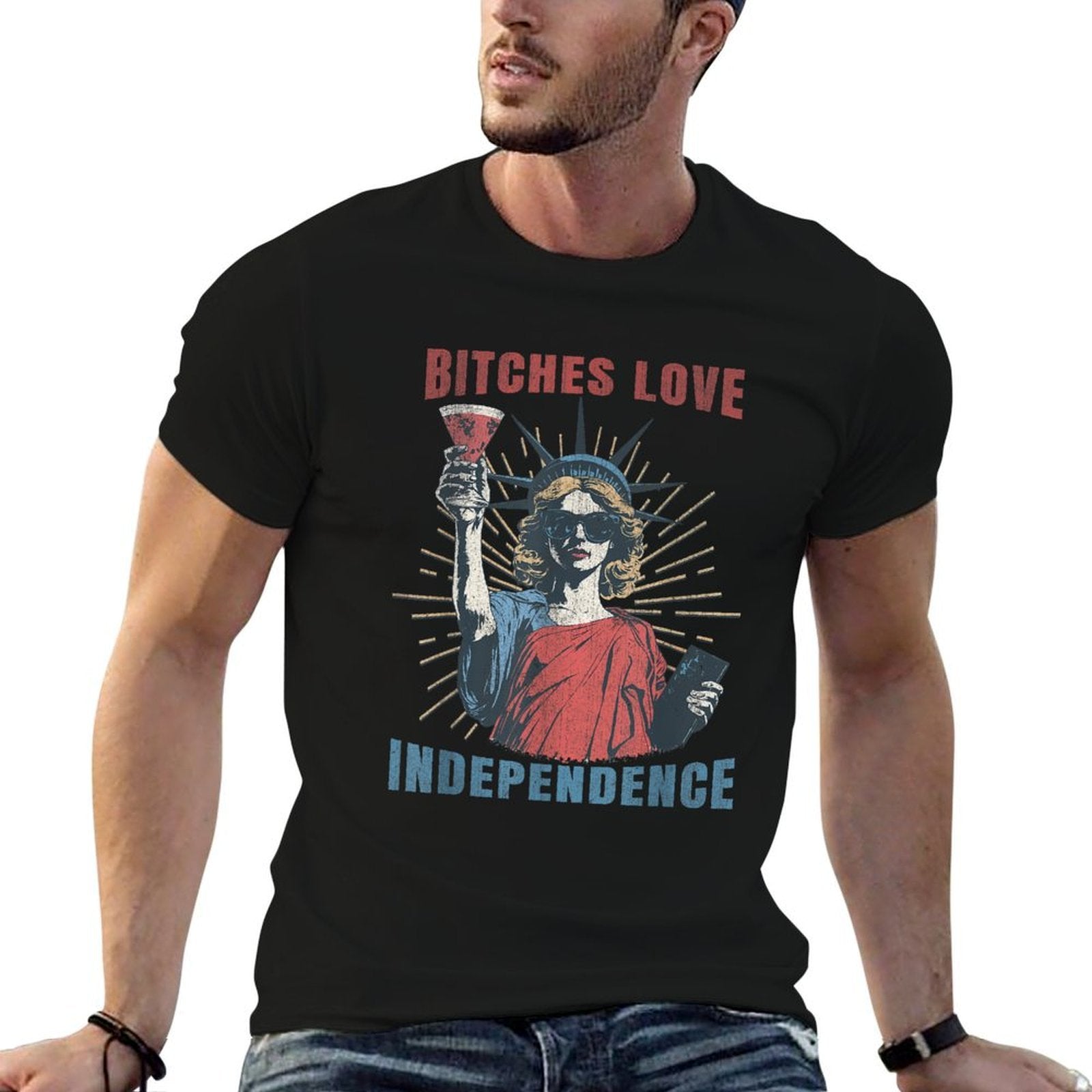 Bitches Love Independence 4th July Funny Sassy Women Girls  Ribbed Collar T-Shirt