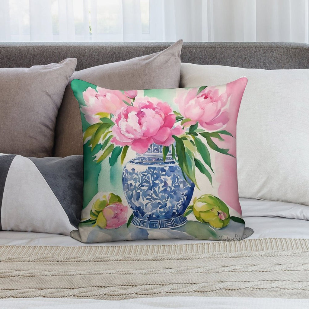 Pink Peonies in Ginger Jar Soft Gift Ready Throw Pillow
