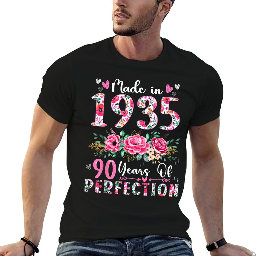 90 Year Old Made In 1935 Floral 90th Birthday Women  Cotton T-Shirt