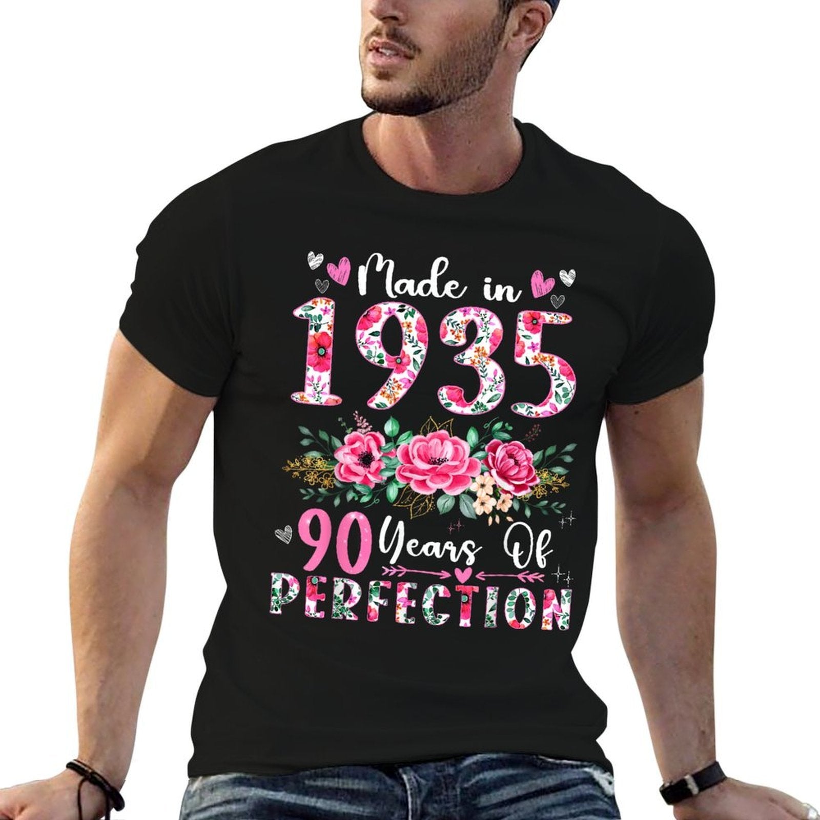 90 Year Old Made In 1935 Floral 90th Birthday Women  Cotton T-Shirt