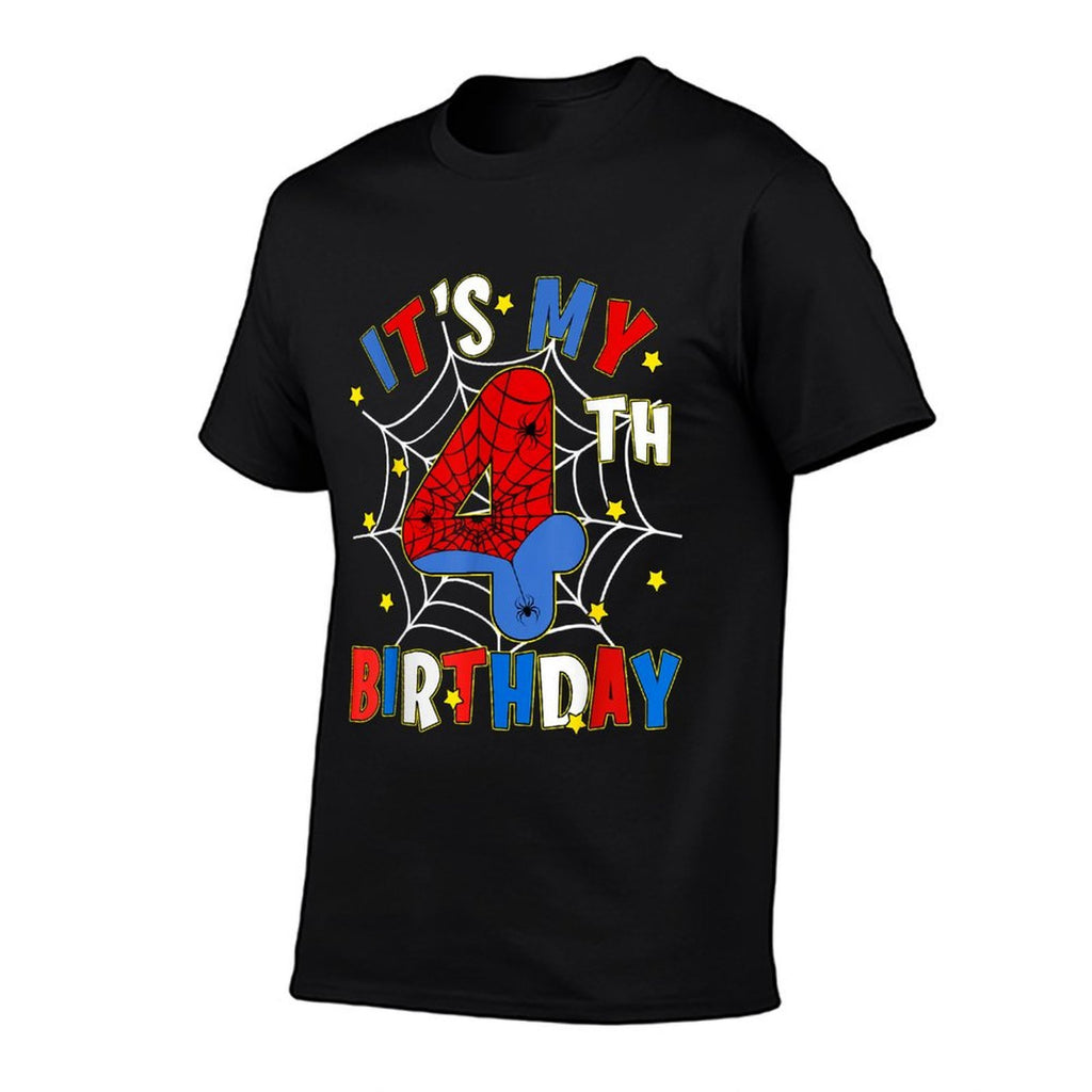 Boy Kids It's My 4th Birthday Spider Theme Party 4 Year Old  Oversized Silhouette T-Shirt