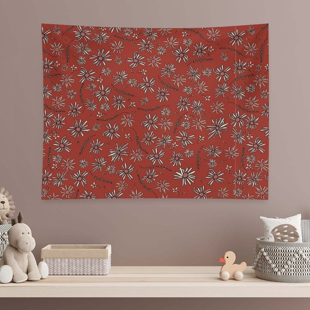 Red Daisy Surface Pattern Design, Wild Flower Art Tapestry