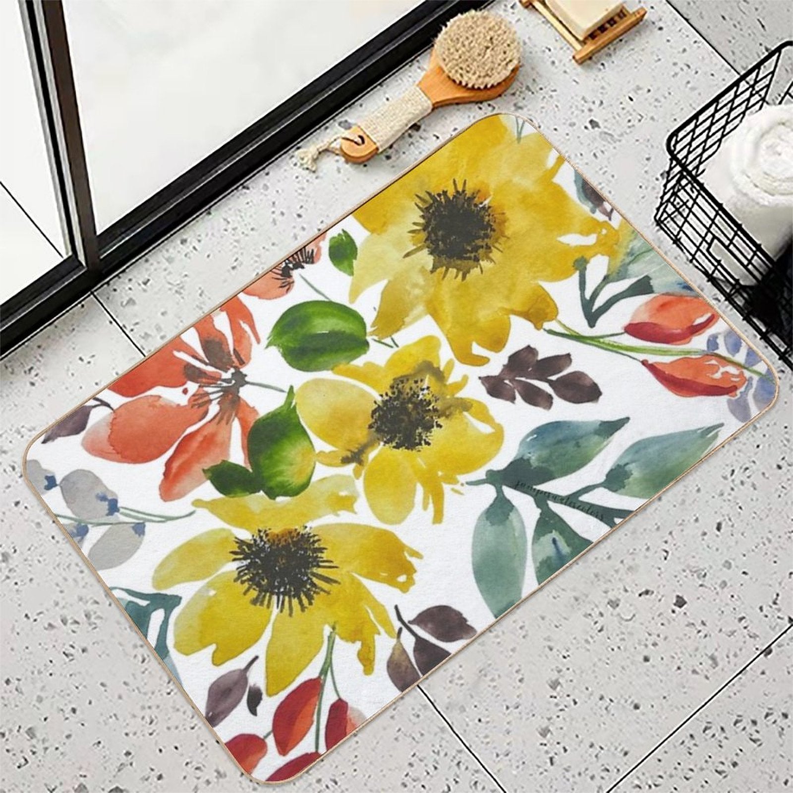 Watercolor Flowers Sunny Yellow Flowers  Non-Slip Bath Mat