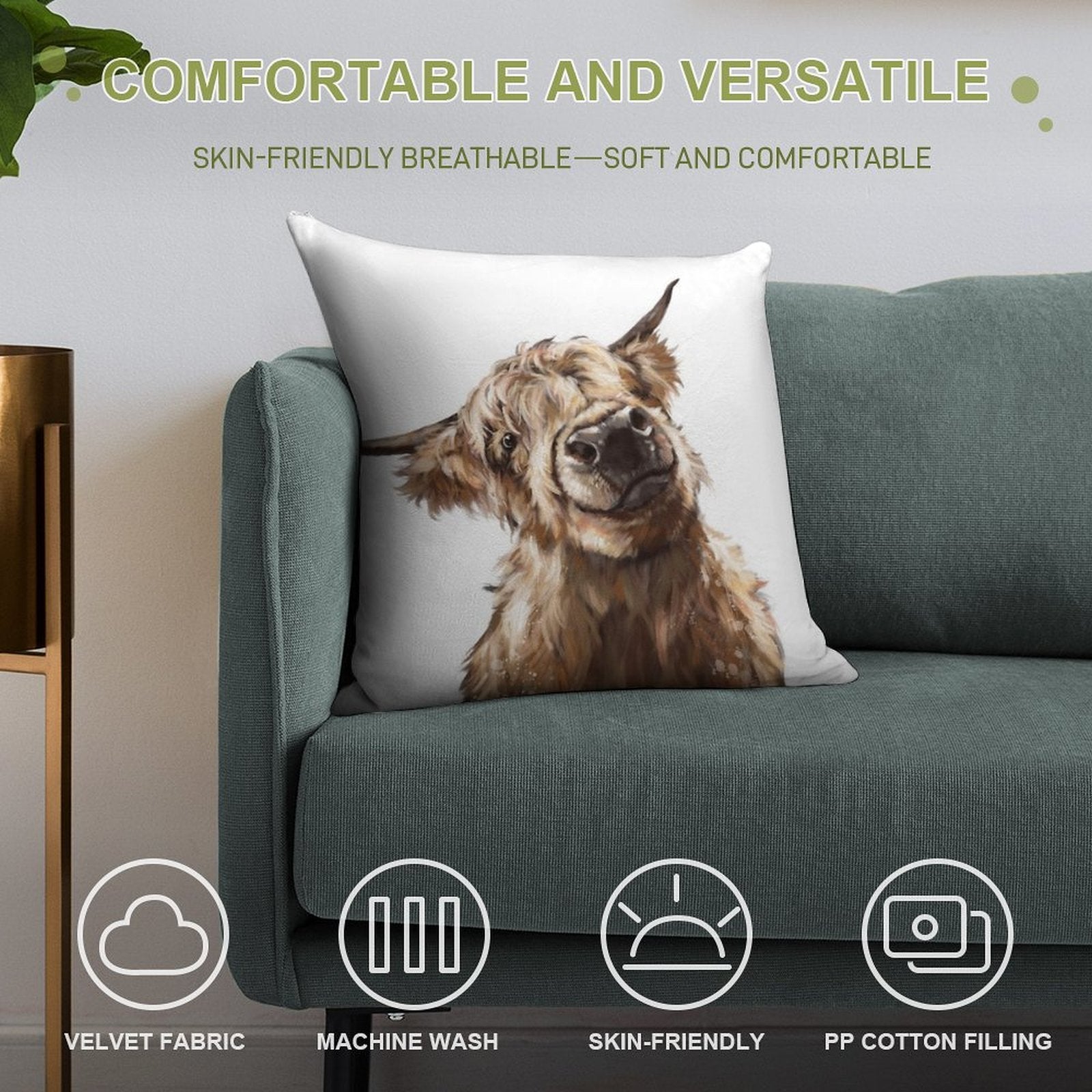 Highland Cow Soft Skin-Friendly Throw Pillow