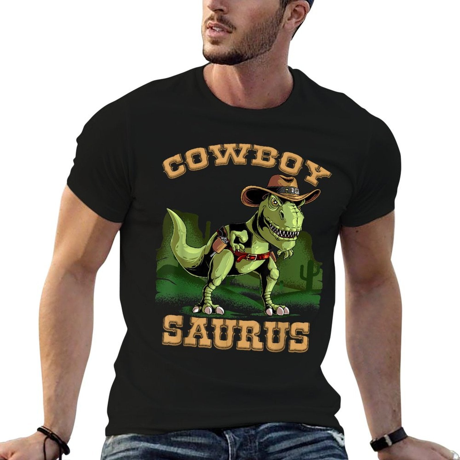 Cool Cowboy Saurus  Funny Western Rodeo Dinosaur Lover Gift  Ribbed Collar T-Shirt