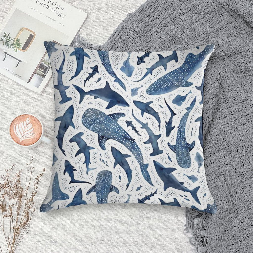 Monochrome Blue Watercolour Shark Ocean on White Soft Skin-Friendly Throw Pillow