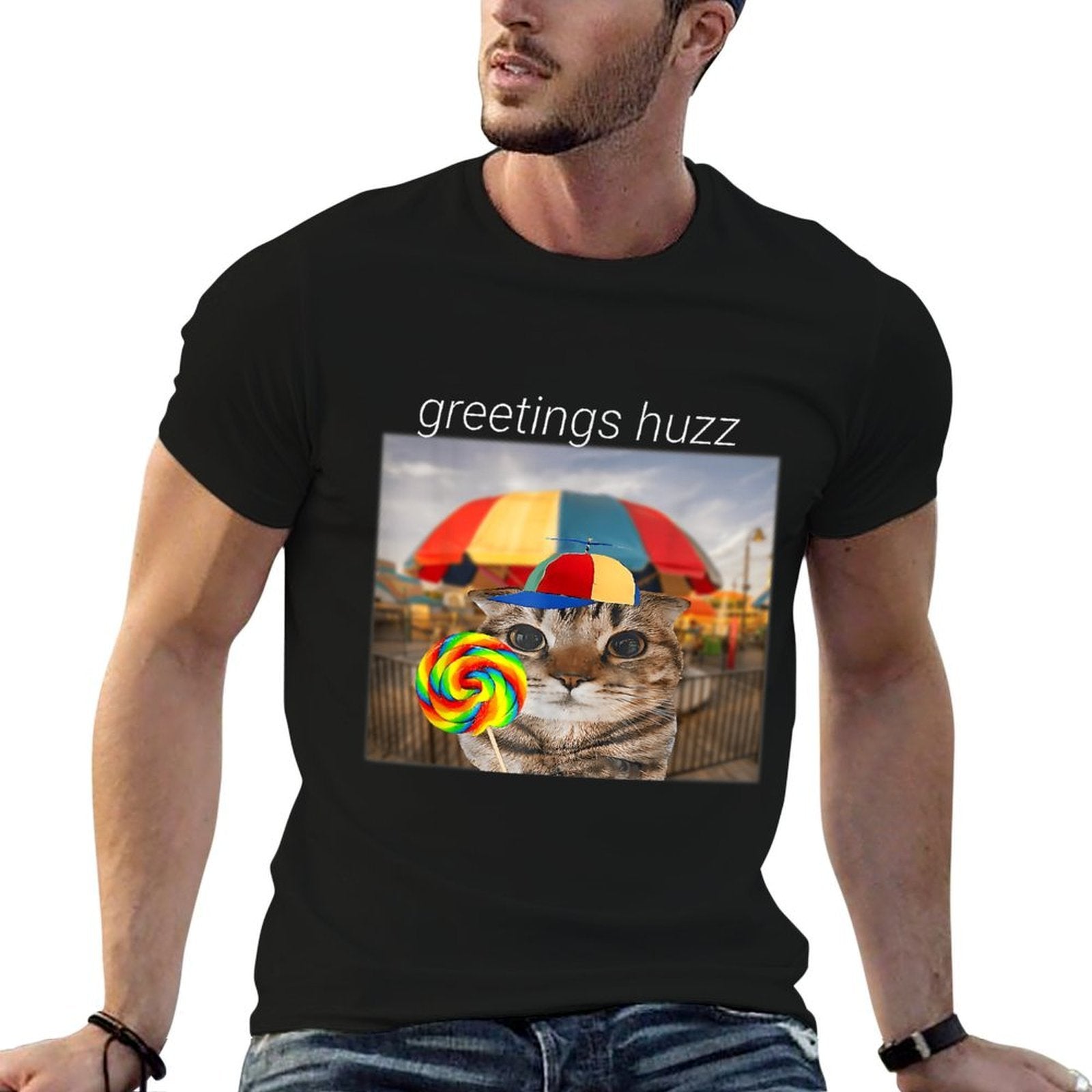 Greetings Huzz Meme Funny Cat Lollipop Men Women  Durable T-Shirt