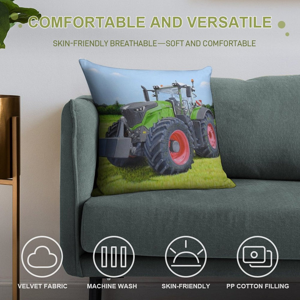 Green Tractor in Field Soft Shrink-Resistant Throw Pillow