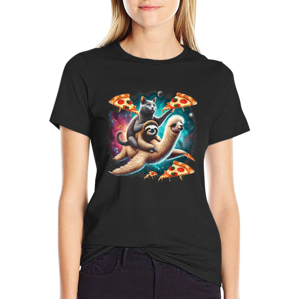 Space Cat Riding Sloth Llama Pizza Floating In Space  Wrinkle-resistant T-Shirt