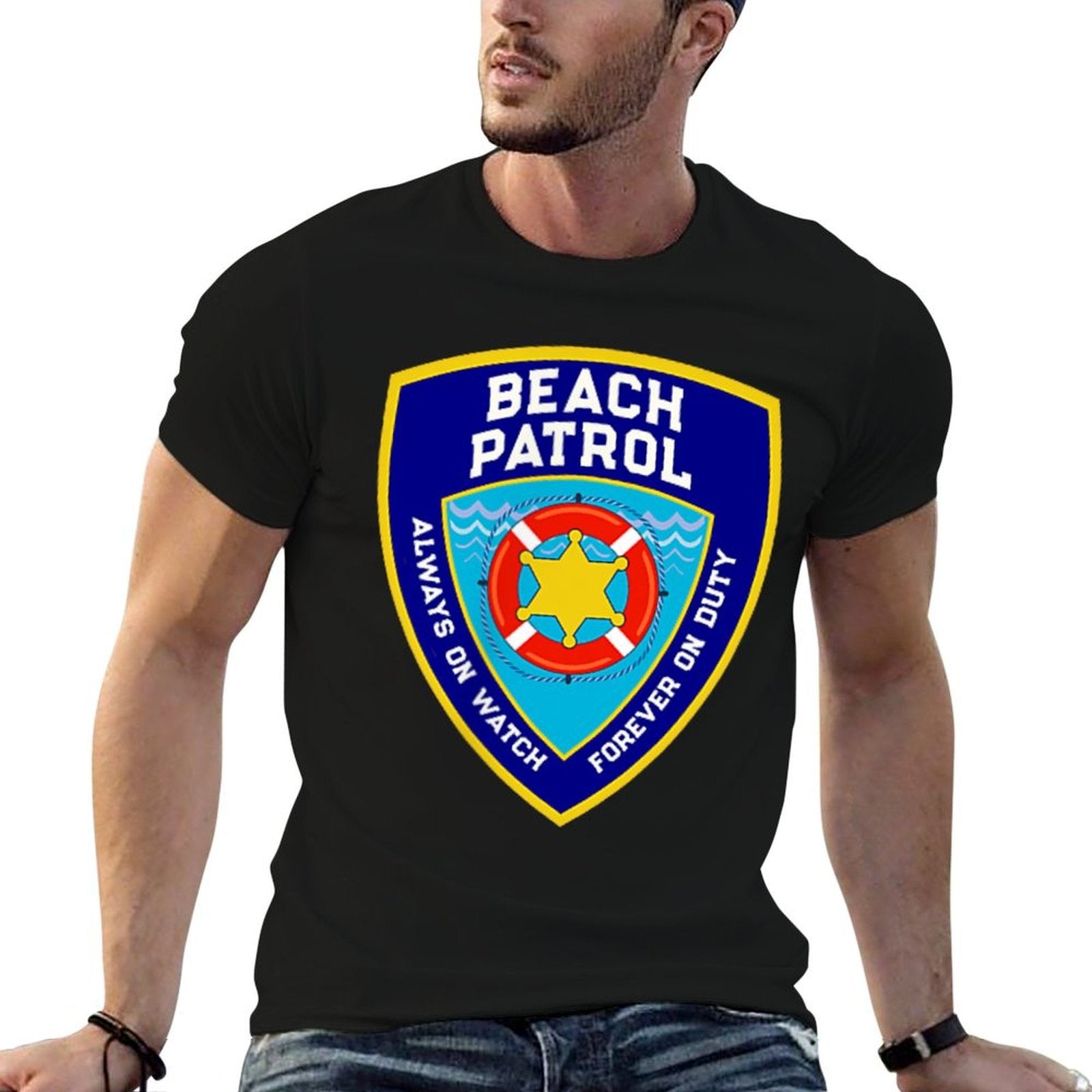 Funny BEACH PATROL On Duty Pool Police Vacation Family Trip  Ribbed Collar T-Shirt