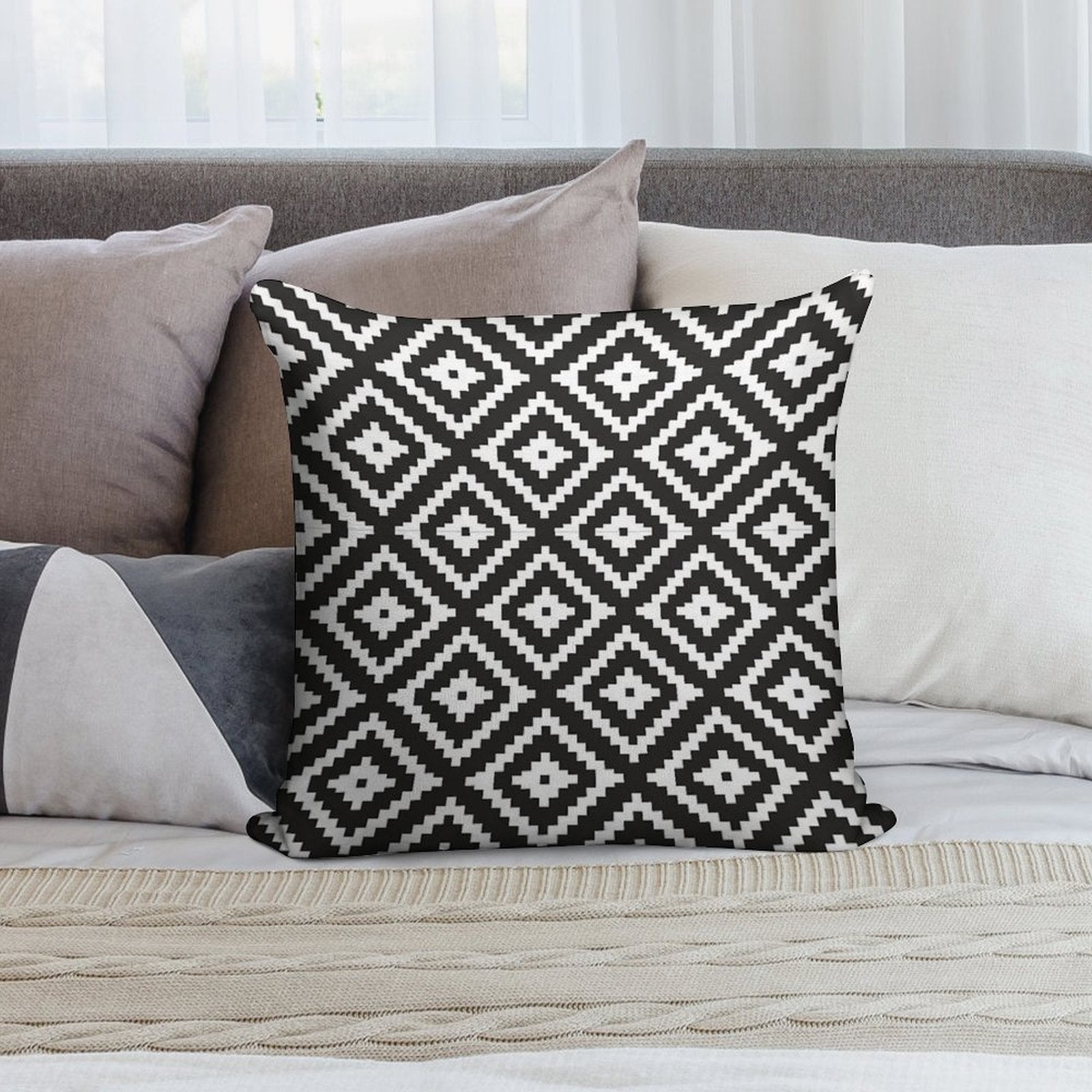 Aztec - White on Black Soft Short Plush Fabric Throw Pillow
