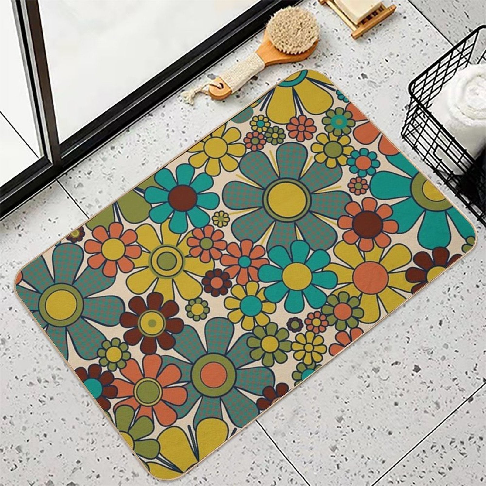 Retro Garden Gingham Flowers 70s Floral Pattern 2 in Mid Century Modern Olive Mustard Teal Orange  High-Traffic Bath Mat