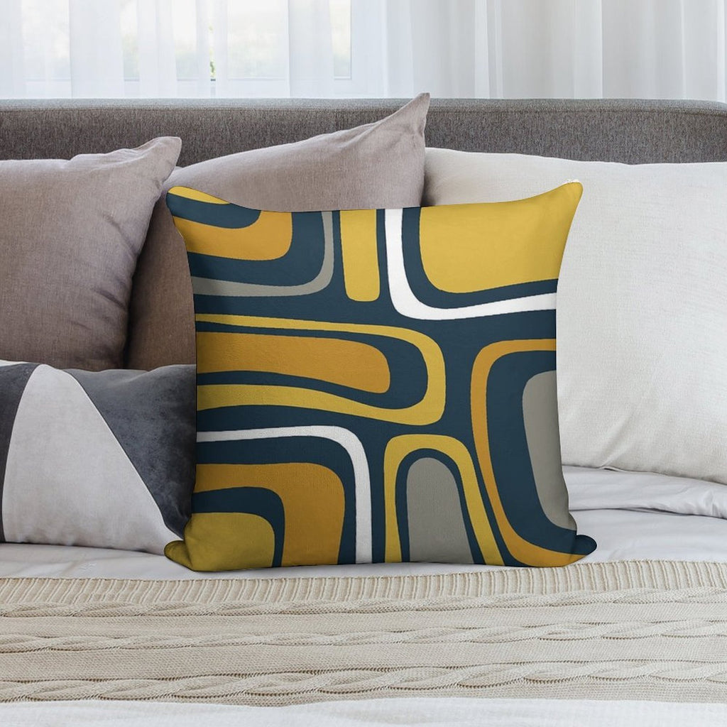 Palm Springs Mid-Century Modern Abstract Pattern in Light And Dark Mustard, Gray, And White on Navy Blue Soft Skin-Friendly Throw Pillow