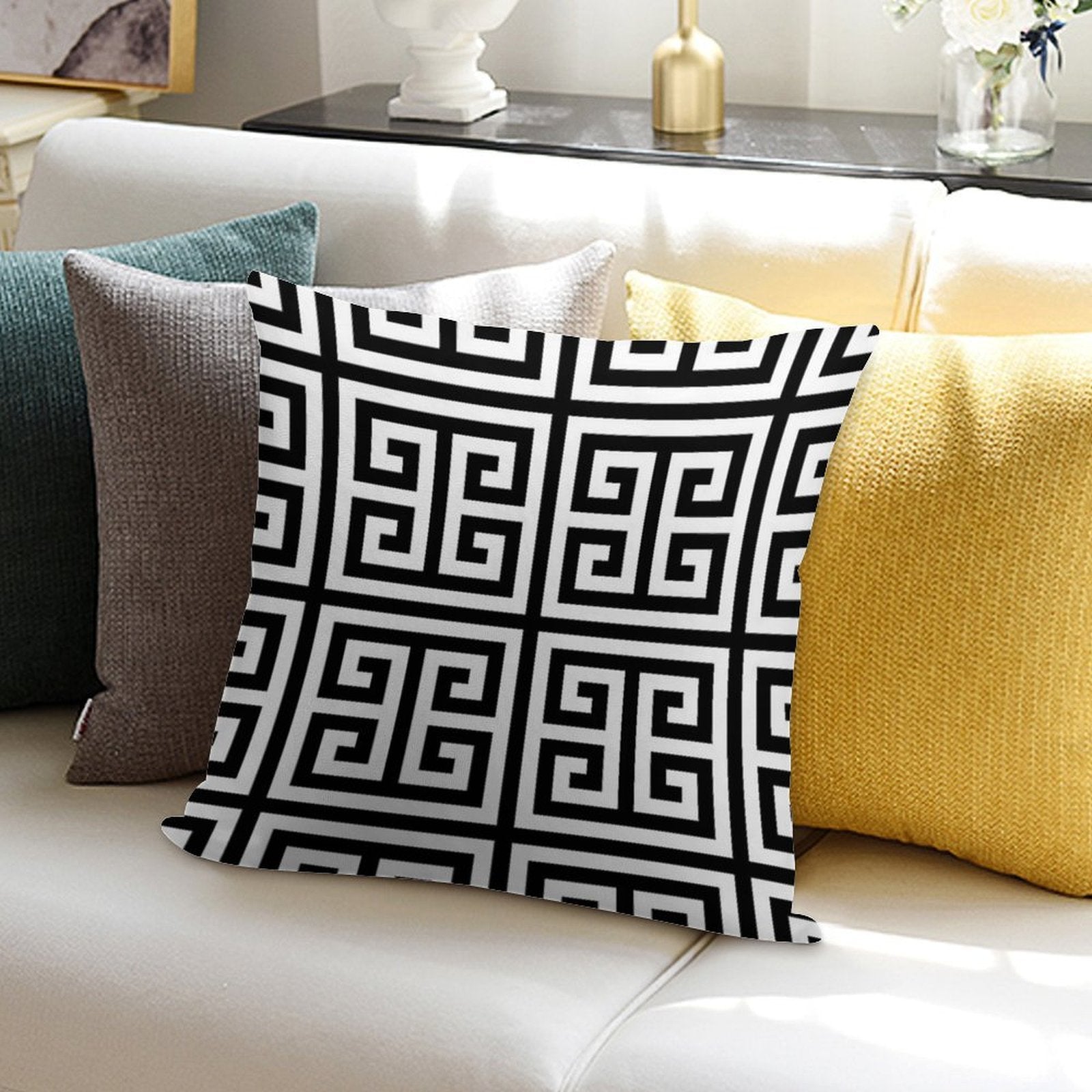 Greek Key Black And White Pattern Soft Hidden Zipper Throw Pillow