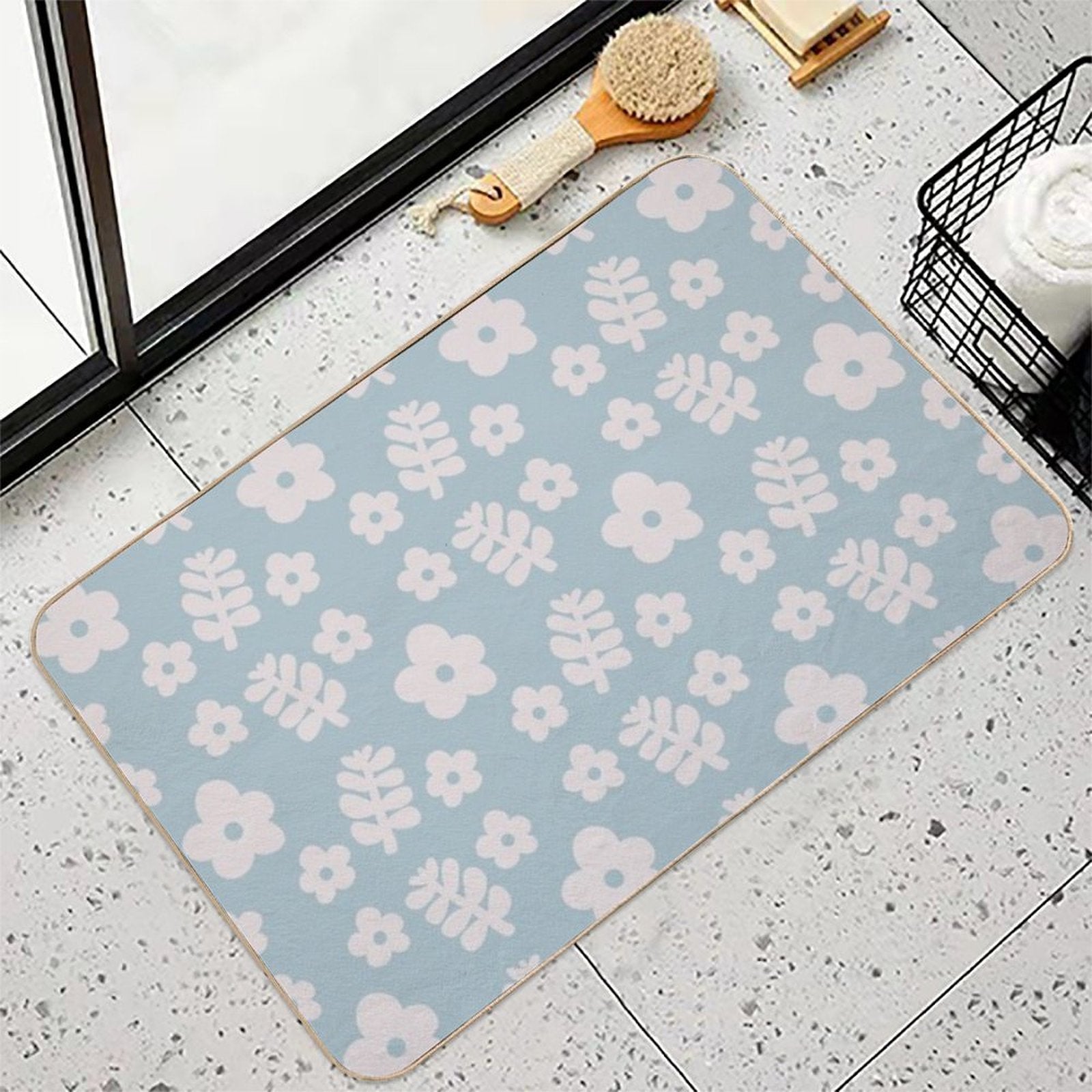 Mid Century Modern Flowers & Leaves, Cute Retro Pattern, Sky Blue  Dirt-Trapping Bath Mat