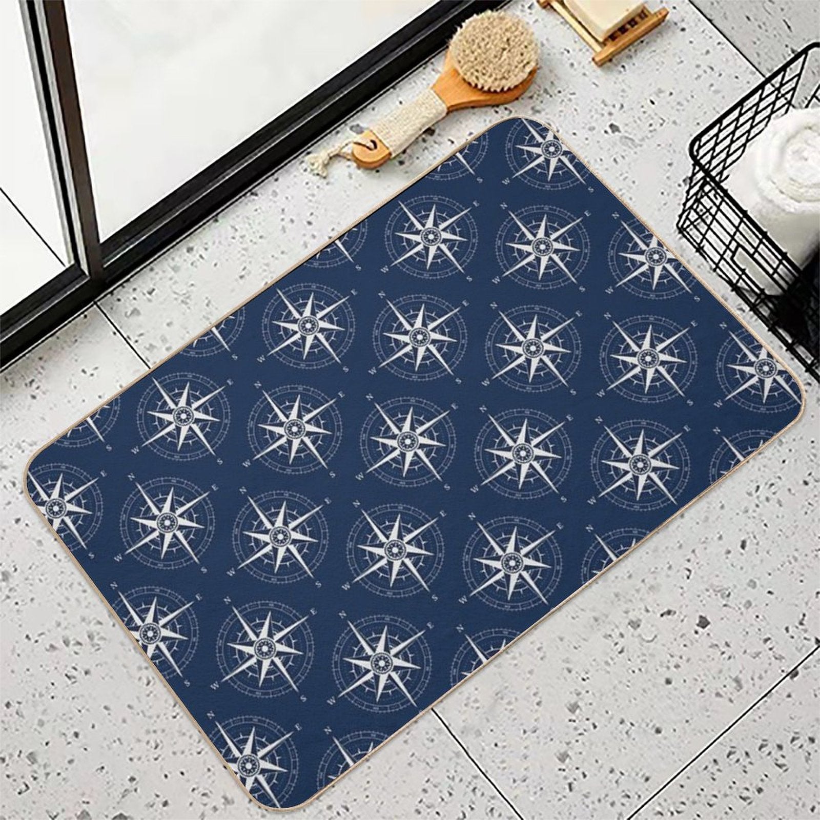 Vintage Nautical Compass Rose ~ Nautical Pattern ~ White on Navy Blue  Repositionable Bath Mat