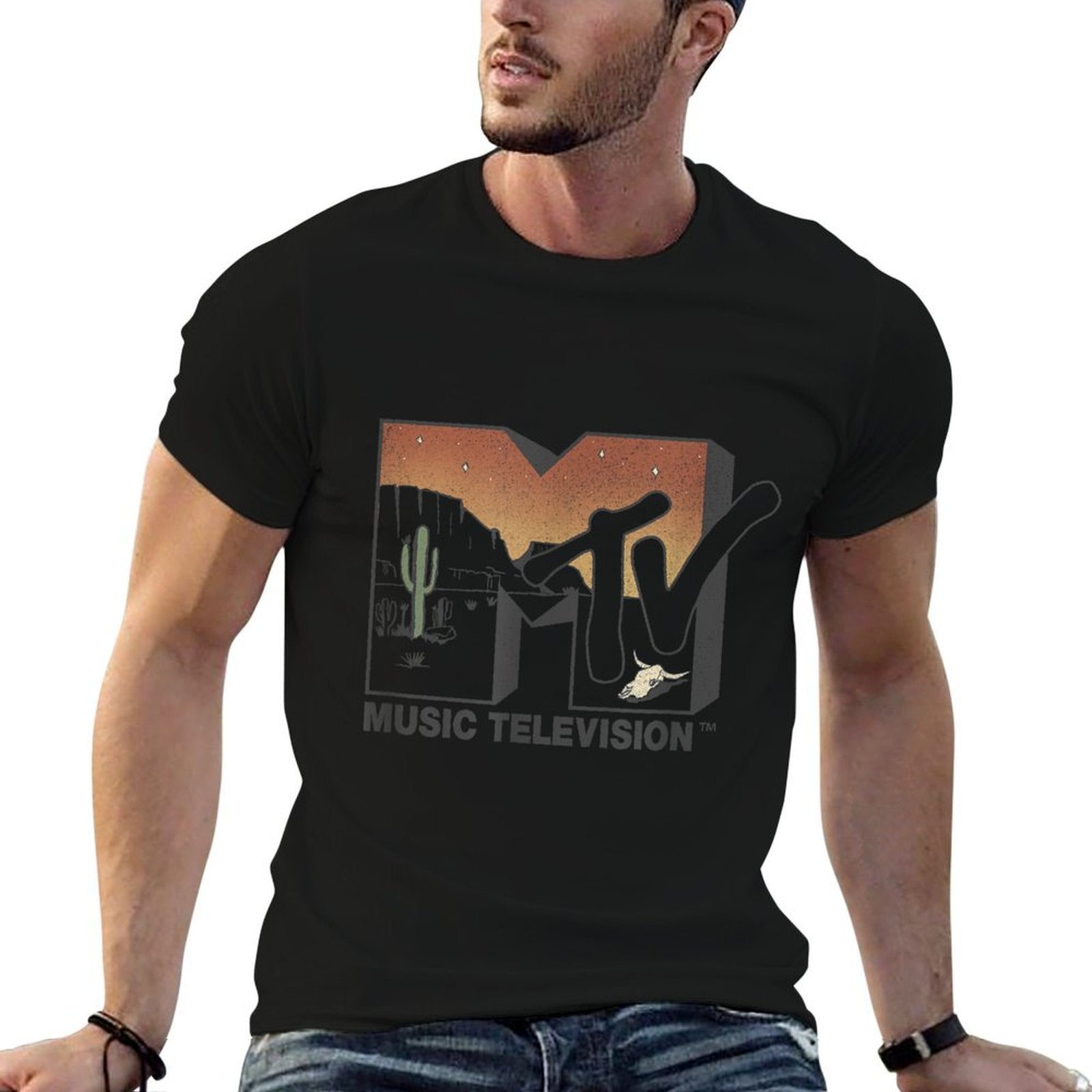 MTV Music Television Retro 80s Cactus Desert Sunset Logo  Fade-proof Color T-Shirt