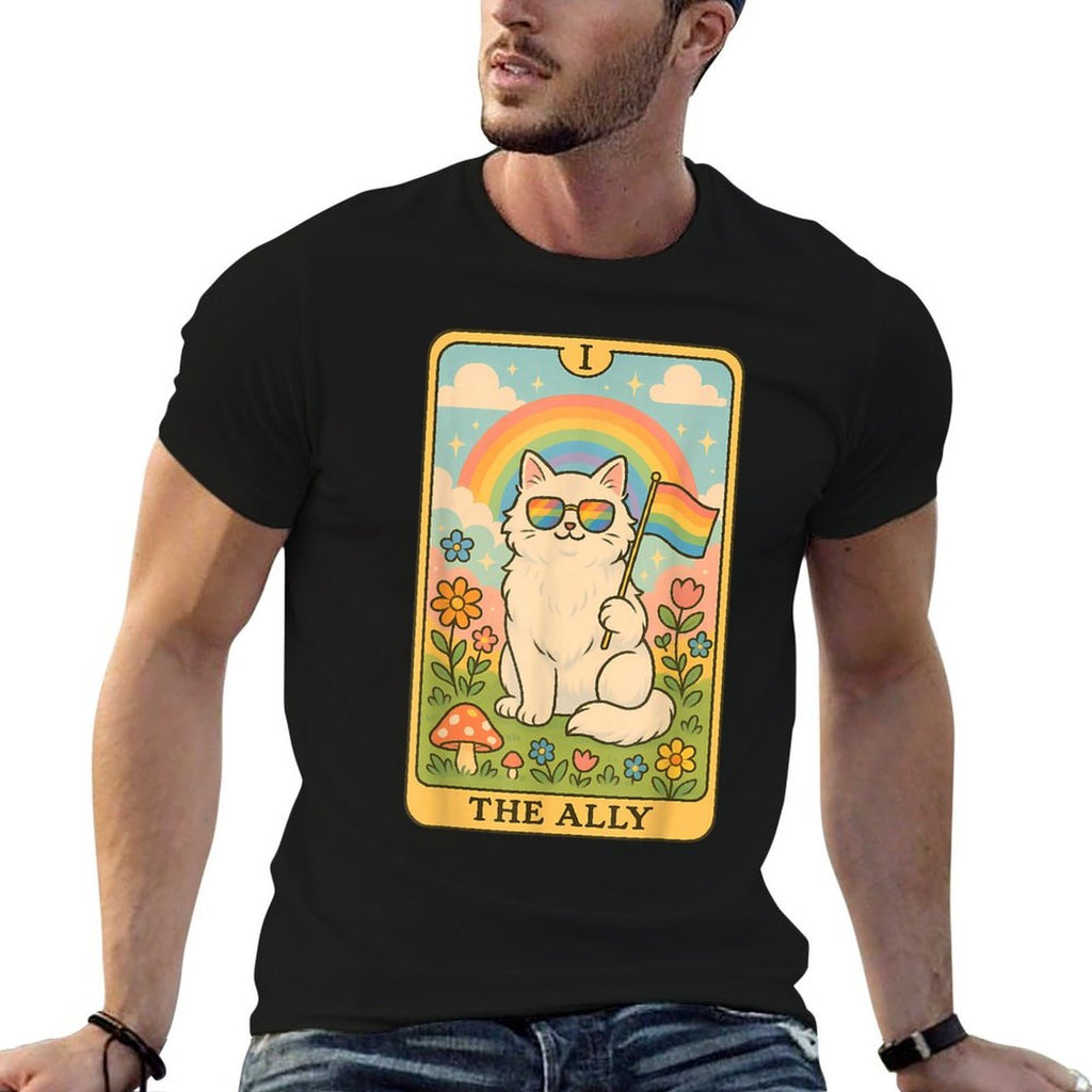 Funny Ally Cat Tarot Card Pride Sunglasses Gay Pride LGBTQ  Summer-ready Fabric T-Shirt