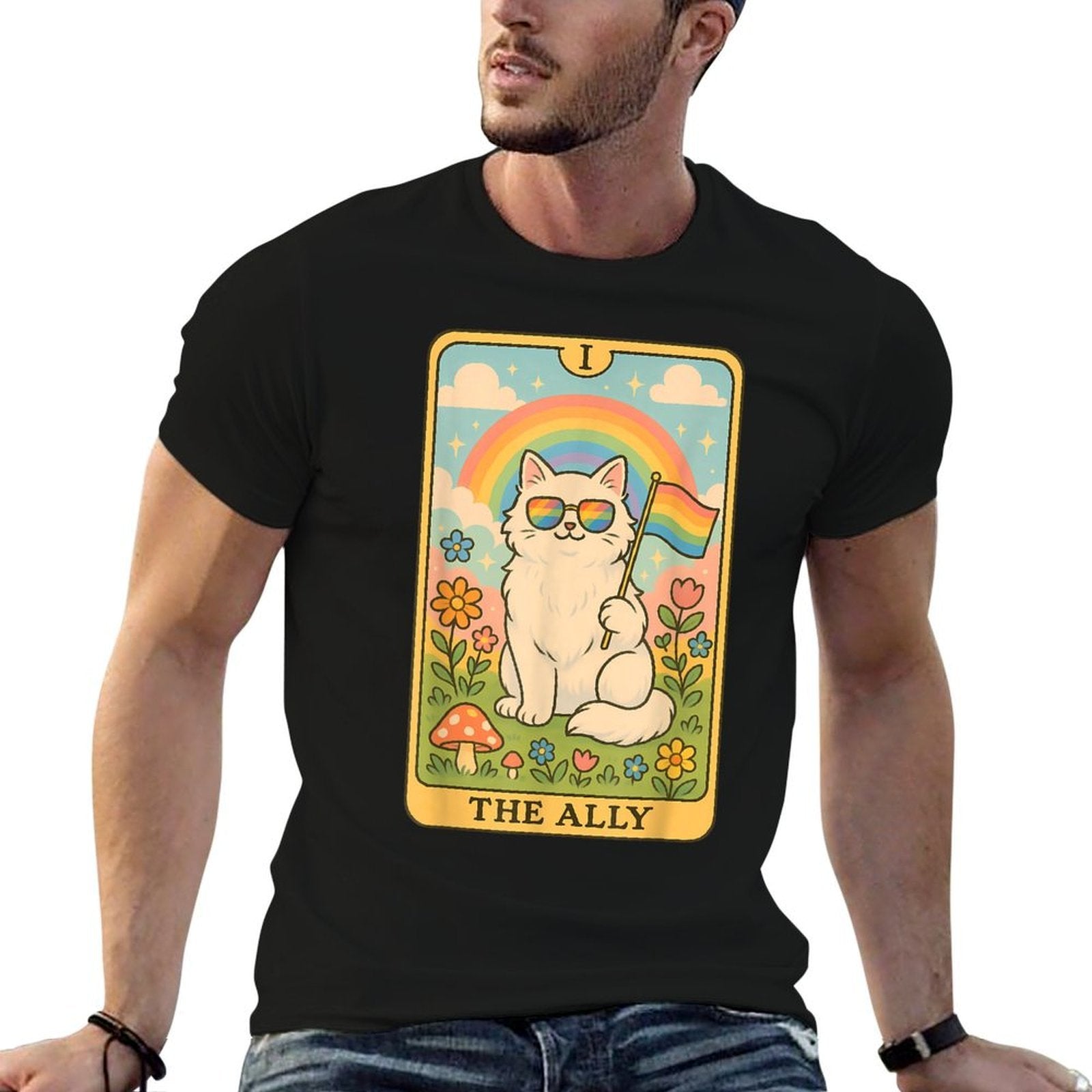 Funny Ally Cat Tarot Card Pride Sunglasses Gay Pride LGBTQ  Summer-ready Fabric T-Shirt