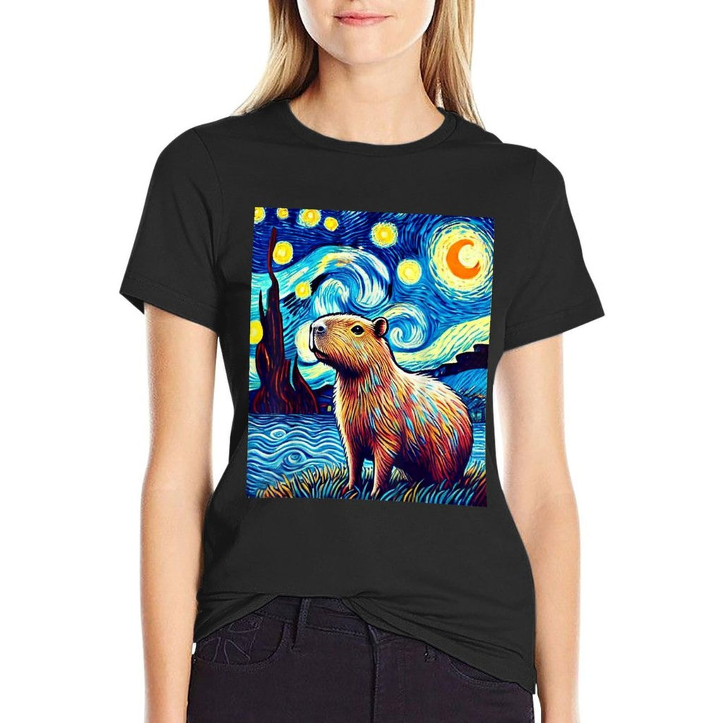 Capybara Van Gogh Style Starry Night Light Graphic Weird  Breathable T-Shirt